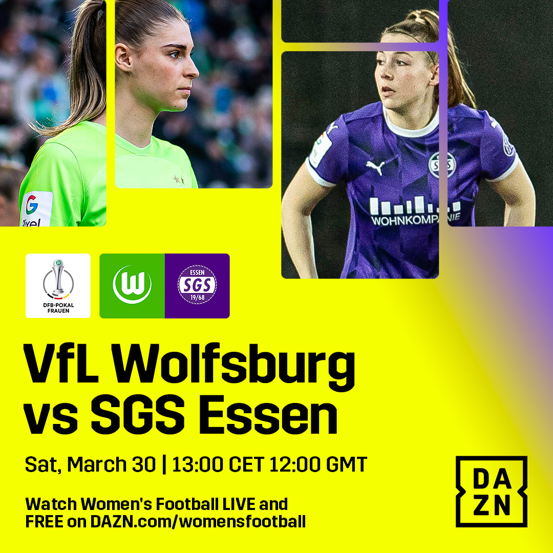 ⚔️ Die Wolfinnen on the hunt for a win to reach the DFB Frauen Pokal final, while Essen are hoping to stage the upset! Watch live for free ▶️ bit.ly/DAZNWFootball Available in selected territories. #DFBPokal #NewDealforWomensFootball