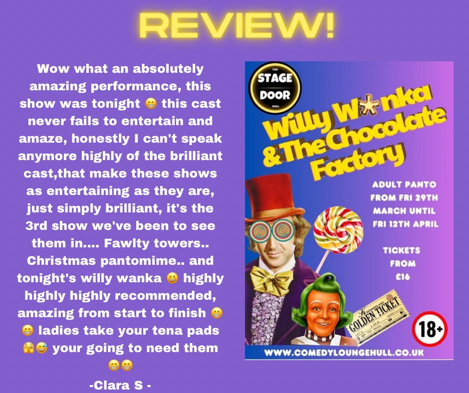 🌟WILLY W*NKA PANTO REVIEWS!🌟

It was our first night of panto last night and by the reviews it was an absolute hit!

Limited tickets available, be sure to secure yours today!👇🏼

comedyloungehull.co.uk