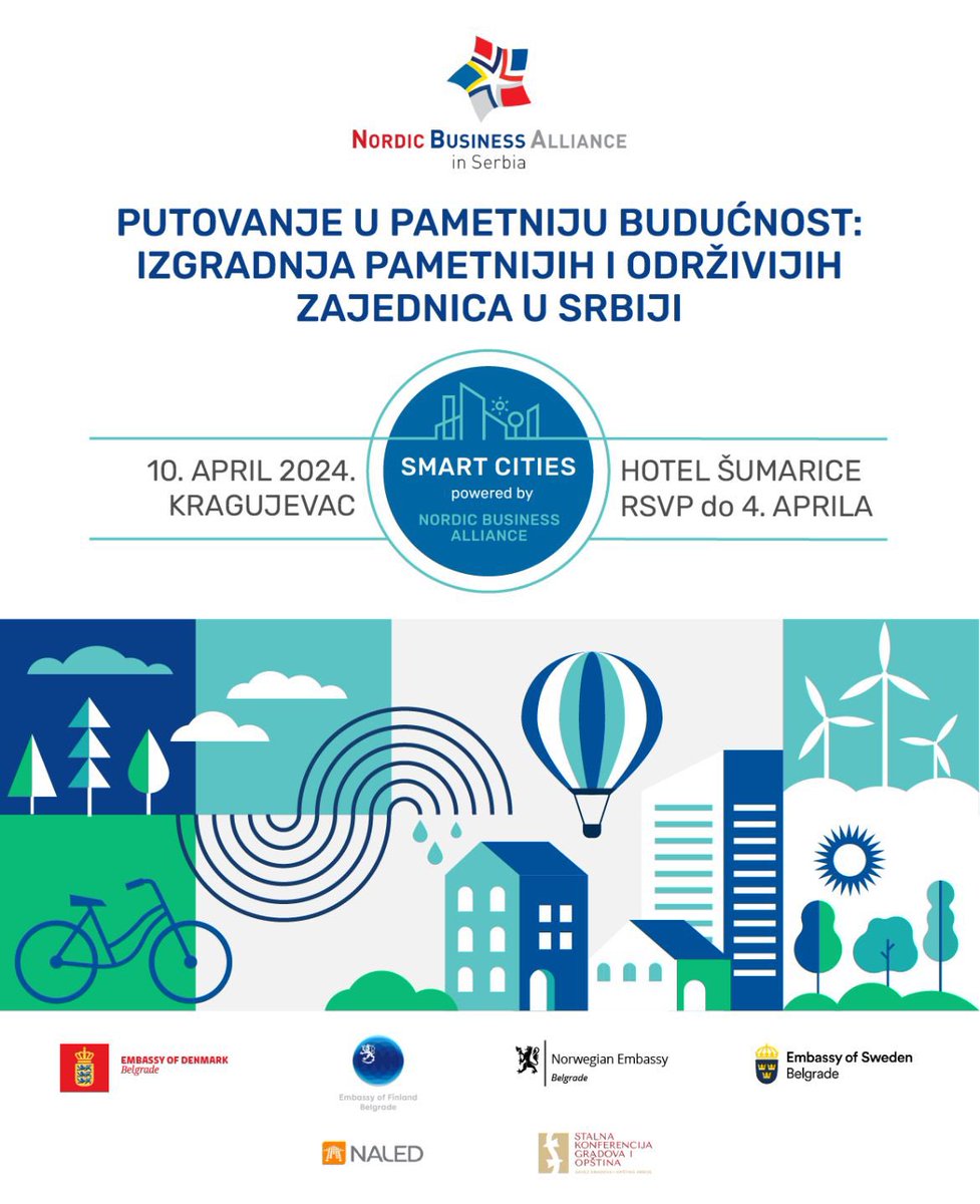 Ambasade nordijskih zemalja u Srbiji, u partnerstvu sa Nordijskim poslovnom alijansom pozivaju na konferenciju na temu pametnih gradova. Dobrodošli u Kragujevac 10. aprila!
#TheNordics 🇩🇰🇫🇮🇳🇴🇸🇪