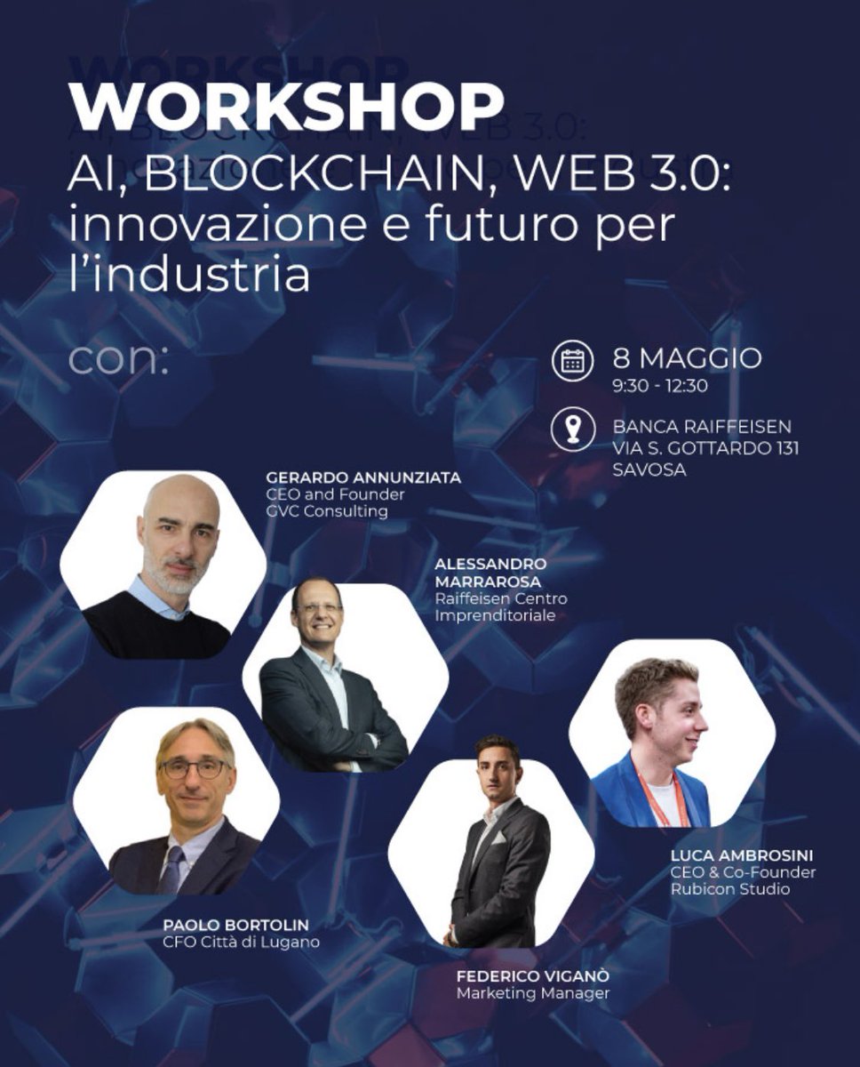📆 8 maggio 2024 - ore 9.30
📍 Banca Raiffaisen via S.Gottardo 131, Savosa

In collaborazione con AITI - Associazione industrie ticinesi il primo workshop su #AI, #Blockchain, #Web3.0: innovazione e futuro per l’industria
