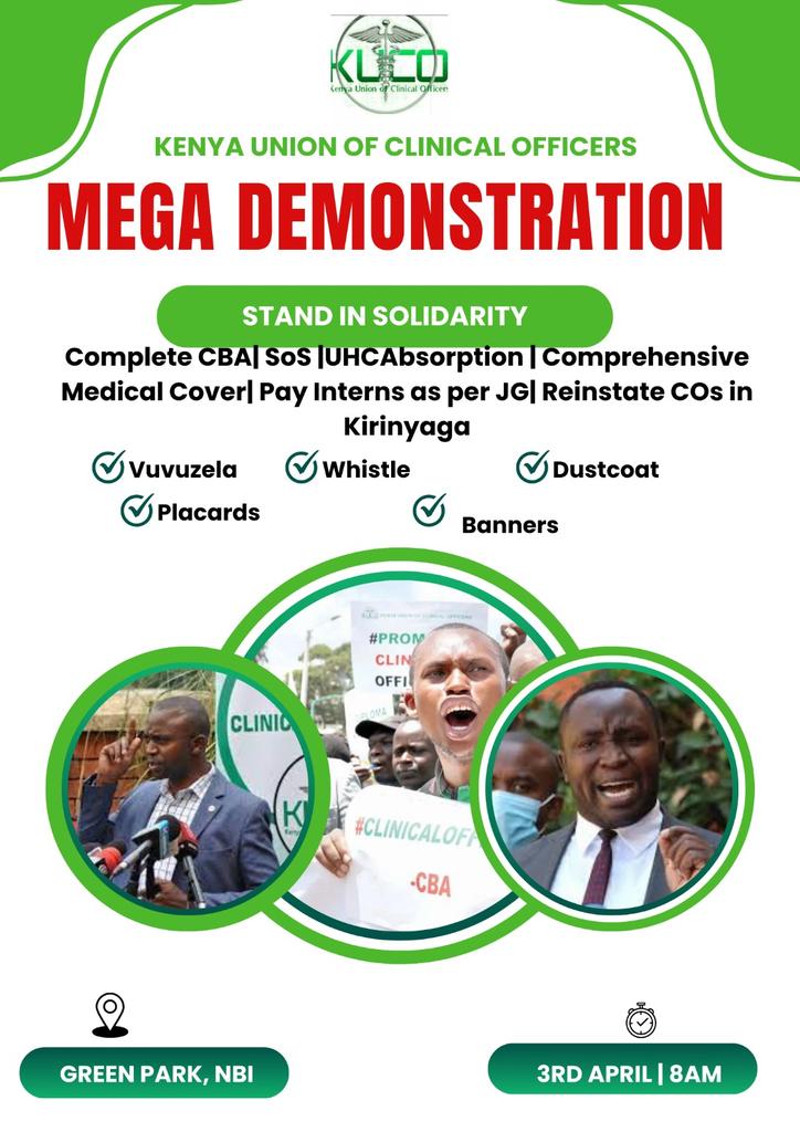 3rd of April - there will be total standstill in the republic , fireworks expected as KUCO launches   its nationwide strike
<a href="/abuga_makori/">Abuga Makori EGH, MBE</a> <a href="/MOH_Kenya/">Ministry of Health</a> <a href="/Nakhumicha_S/">Nakhumicha S. Wafula E.G.H</a> <a href="/bonifacemwangi/">The People’s President</a> <a href="/C_NyaKundiH/">Cyprian, Is Nyakundi</a> <a href="/kUCOofficial/">Kenya Union of Clinical Officers</a>