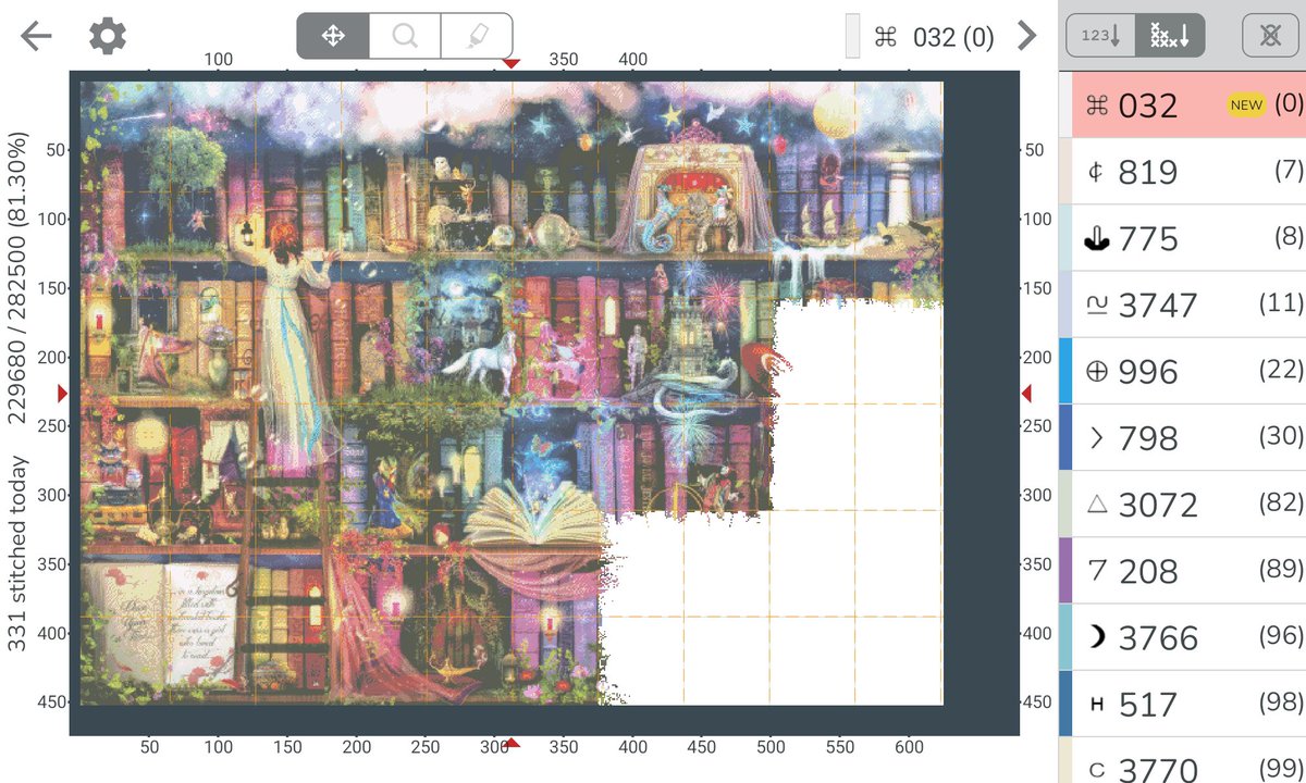 LuLu_fi's tweet image. Page 49,50 終了

現在のステッチ全景を #patternkeeper のスクショで。 このページで、残りステッチ数0 の色が！ ラメ糸から解放される、嬉しい☺️

#HAED #TreasureHuntBookshelf #crossstitch #クロスステッチ