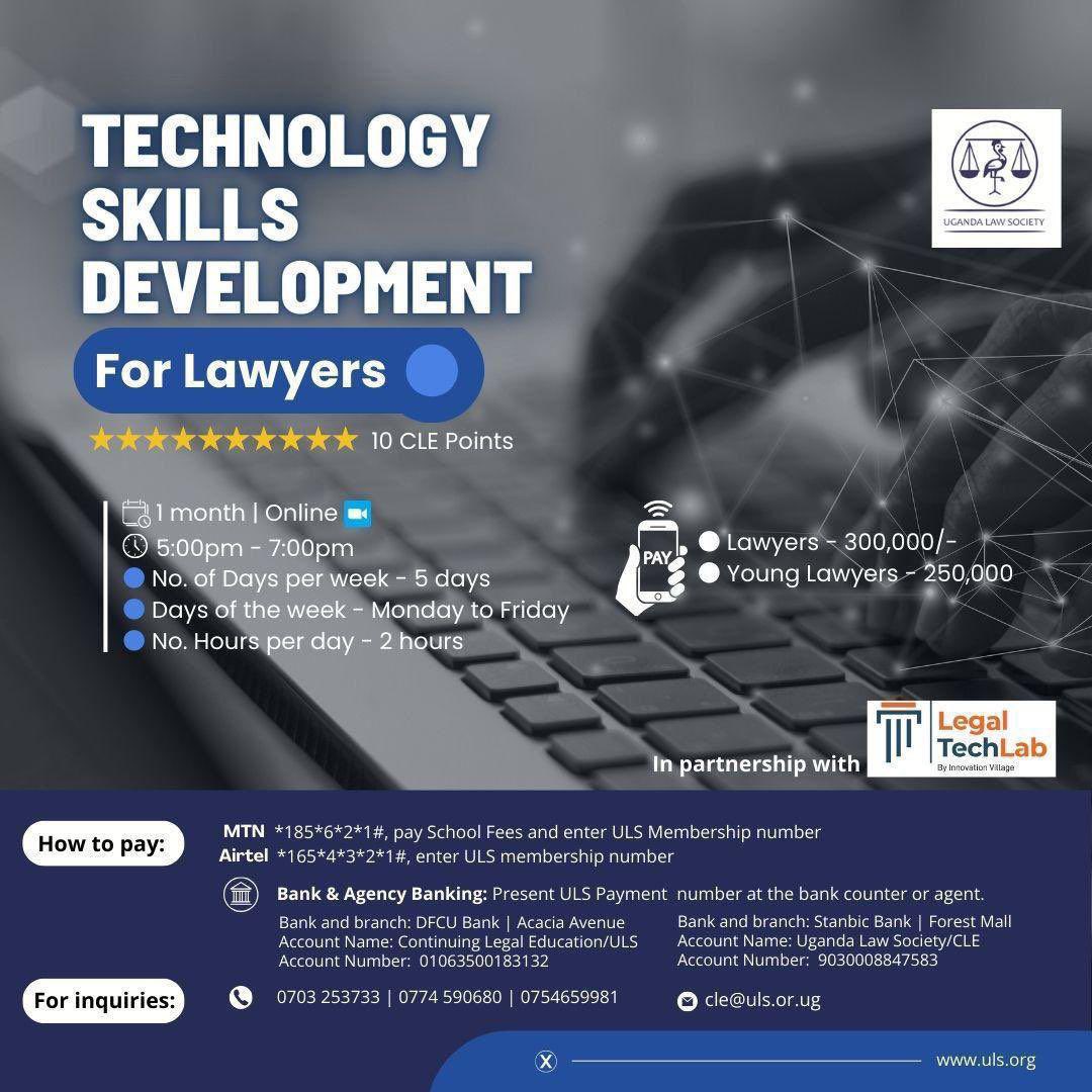 The Uganda Law Society and @LegaltechL present a month-long specialized virtual training on Technology Skills Development. Date: 15th April - 15th May 2024. Days: Monday- Friday. Time: 5:00pm…