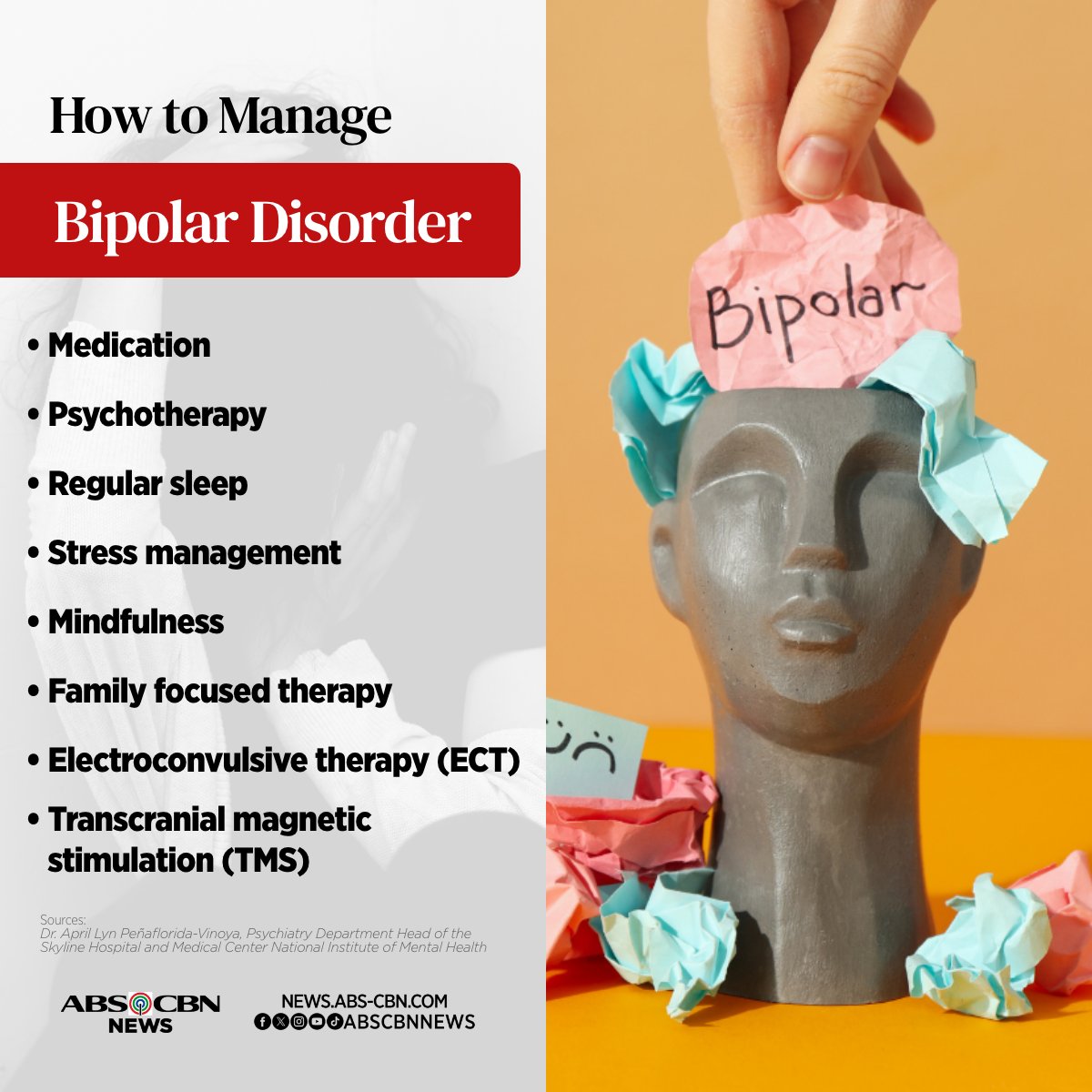 While there is still no cure for bipolar disorder, people who have the illness could still live a normal life through proper treatment and management. #WorldBipolarDay Here are some ways to manage the illness: READ: news.abs-cbn.com/news/2024/3/30…