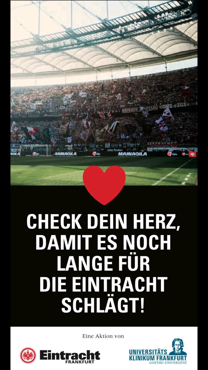 Simone Glaser (@sfg_ffm) on Twitter photo 🖤🤍❤️ Lass auch DU heute dein Herz von den Kollegen der <a href="/UK_Frankfurt/">Universitätsmedizin Frankfurt</a> Kardiologie checken, damit es noch lange für unsere SGE schlägt!
*Wo? Gegenüber des Fanshops des Stadions
*Was? Blutdruck, BMI, Cholesterin, Herzfrequenz und -rhythmus
<a href="/CMoffiziell/">Christopher Michel</a> <a href="/m_leistner/">David M. Leistner</a> <a href="/thehopemaster/">Phil Hofmeister</a> 🖤🤍❤️ Lass auch DU heute dein Herz von den Kollegen der <a href="/UK_Frankfurt/">Universitätsmedizin Frankfurt</a> Kardiologie checken, damit es noch lange für unsere SGE schlägt!
*Wo? Gegenüber des Fanshops des Stadions
*Was? Blutdruck, BMI, Cholesterin, Herzfrequenz und -rhythmus
<a href="/CMoffiziell/">Christopher Michel</a> <a href="/m_leistner/">David M. Leistner</a> <a href="/thehopemaster/">Phil Hofmeister</a>