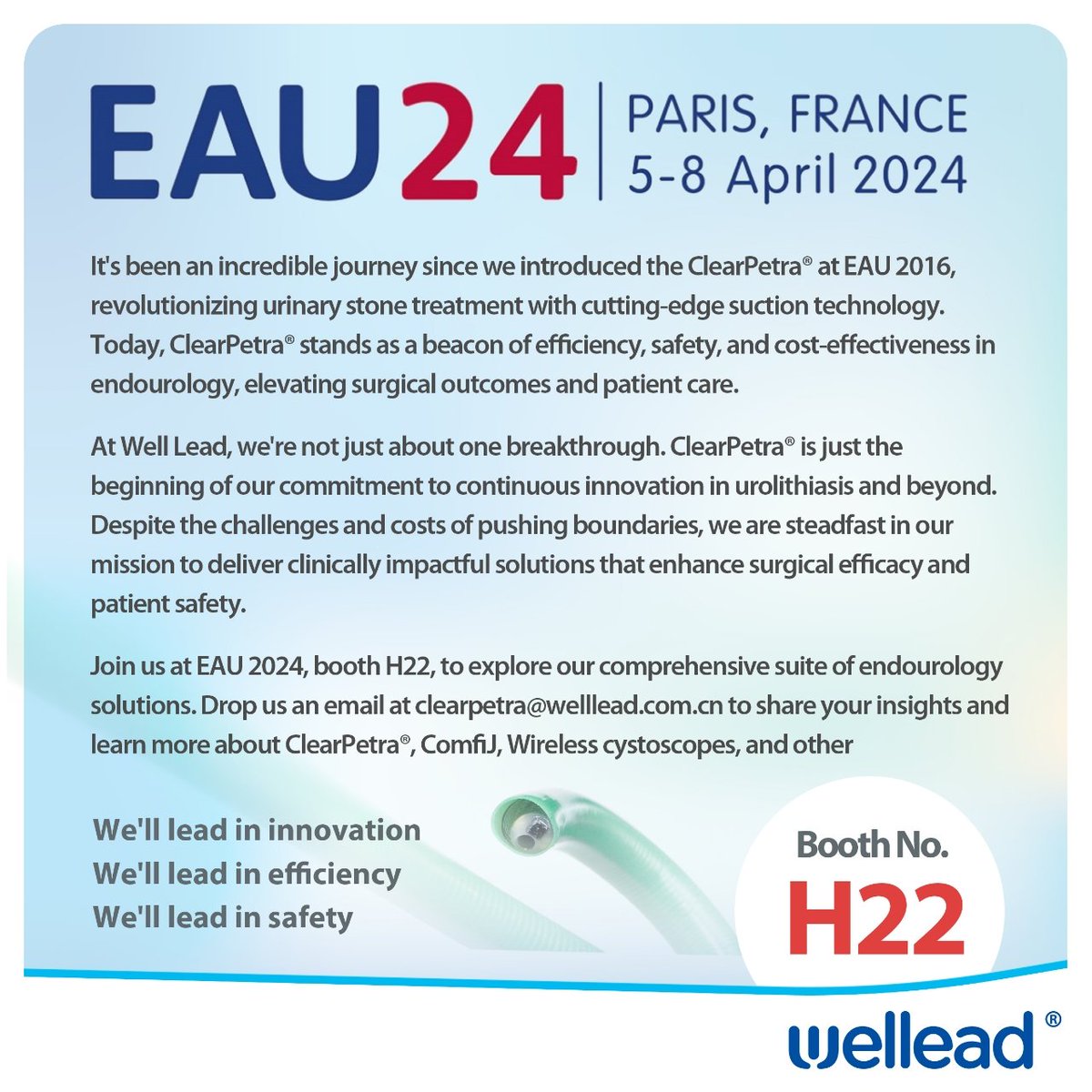 You are warmly welcome to visit us at H22 during EAU next week, get to know more innovation @clearpetra@ComfiJ@wireless Cystoscope from Well Lead.#EAU2024 #clearpetra
