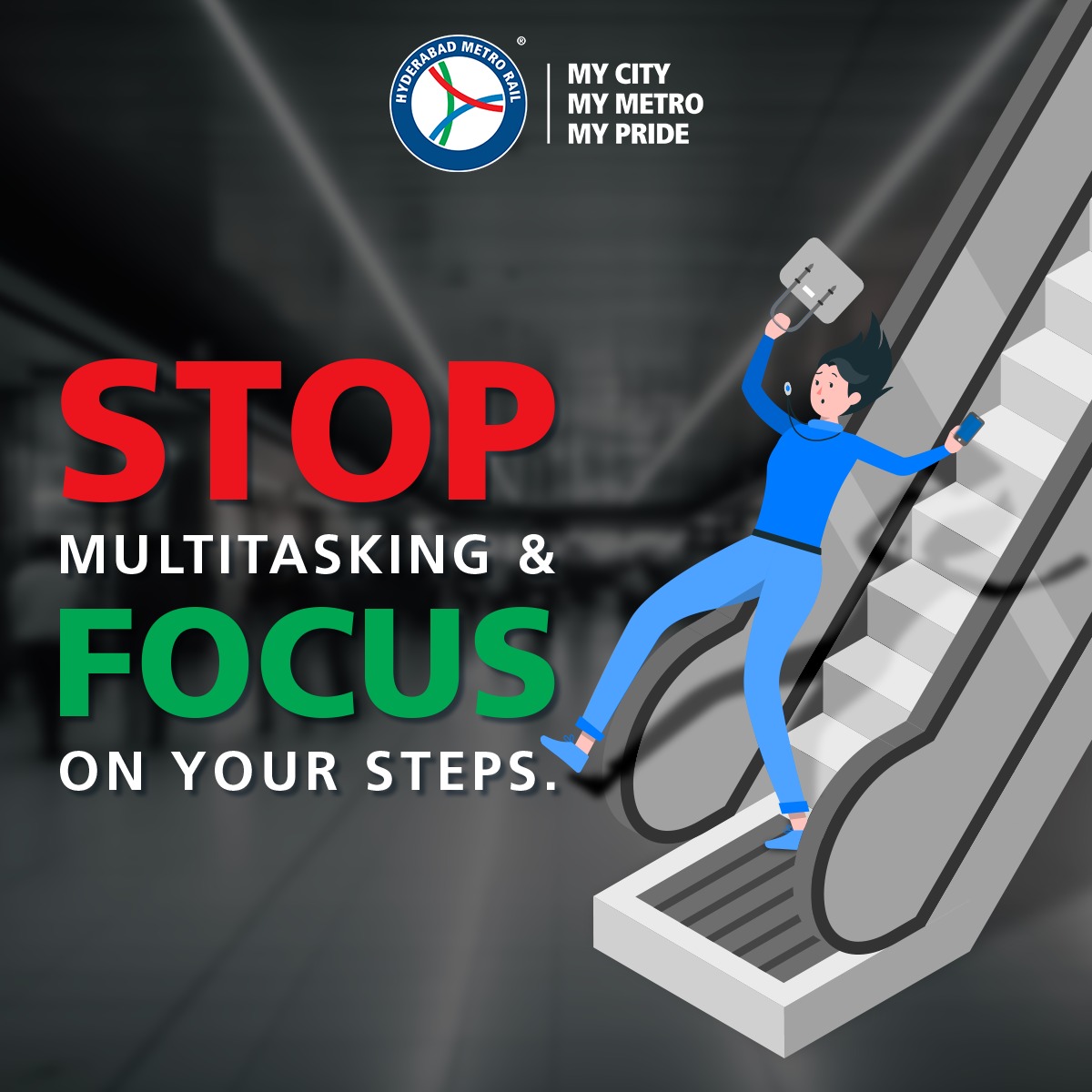 We know you are great at multitasking, however the only task you have to focus on is getting on and off the escalator safely. Your other tasks can wait. #landtmetro #mycitymymetromypride #metroride #HyderabadMetro #MetroRail #metrostation #publictransport #SafeRahoYaaron…