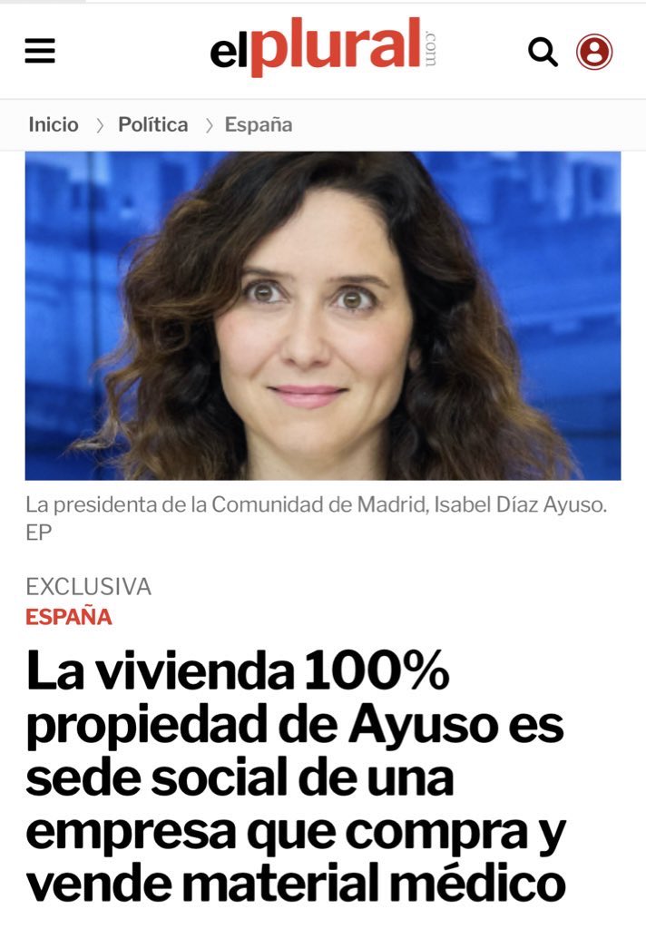 Ayuso no solo tiene una vivienda en propiedad, sino que, además, esta vivienda es la sede de la empresa ‘Ayuso Lahoz S.L.’. Una empresa de compraventa de material médico. Cada cosa nueva se pone más interesante