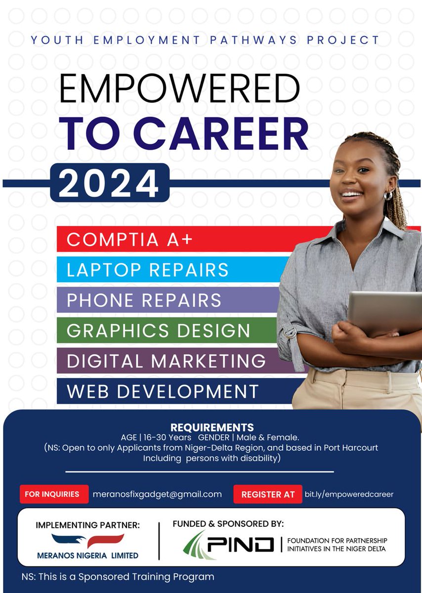 PINDFoundation's tweet photo. PIND is extending an invitation to individuals interested in training in ICT-related fields and soft skills such as CompTIA A+, Digital Marketing, Graphic Design, Web Development, Laptop Repair Course, and Phone Repair to participate. https://t.co/U33eCfH2Wa