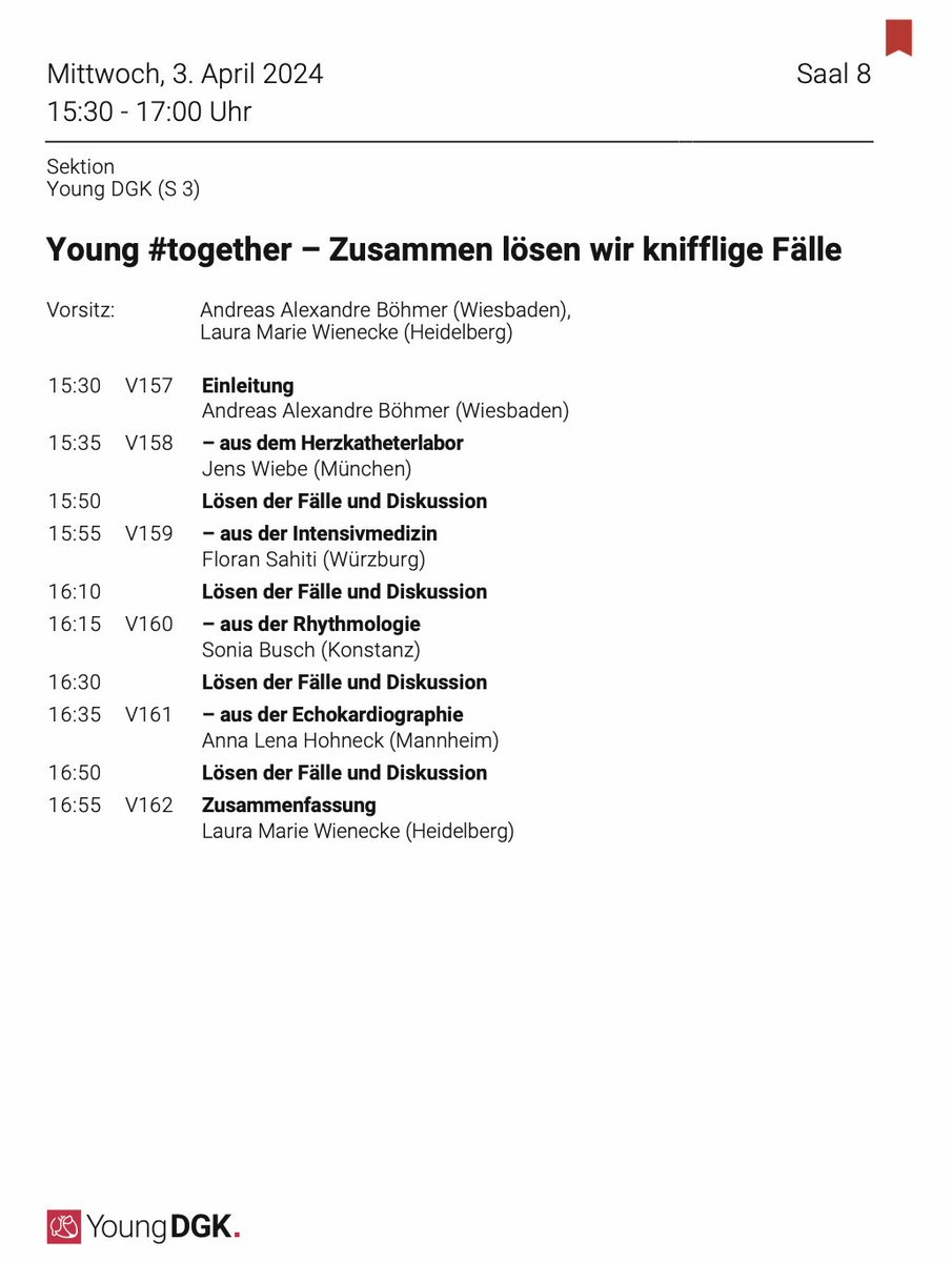 Young DGK (@youngdgk) on Twitter photo 🚀 Mittwoch, 3. April 2024, Saal 8, 15:30-17:00 Uhr: Young #together! Wir knacken knifflige Fälle gemeinsam. Spannende Diskussionen aus Herzkatheterlabor, Intensivmedizin & Rhythmologie. #DGKJahrestagung #dgk2024jt
@anboehmer <a href="/LauraWienecke/">Laura Wienecke</a> @jens_wiebe @sahiti_f <a href="/AnnaHohneck/">Anna Hohneck</a> 🚀 Mittwoch, 3. April 2024, Saal 8, 15:30-17:00 Uhr: Young #together! Wir knacken knifflige Fälle gemeinsam. Spannende Diskussionen aus Herzkatheterlabor, Intensivmedizin & Rhythmologie. #DGKJahrestagung #dgk2024jt
@anboehmer <a href="/LauraWienecke/">Laura Wienecke</a> @jens_wiebe @sahiti_f <a href="/AnnaHohneck/">Anna Hohneck</a>