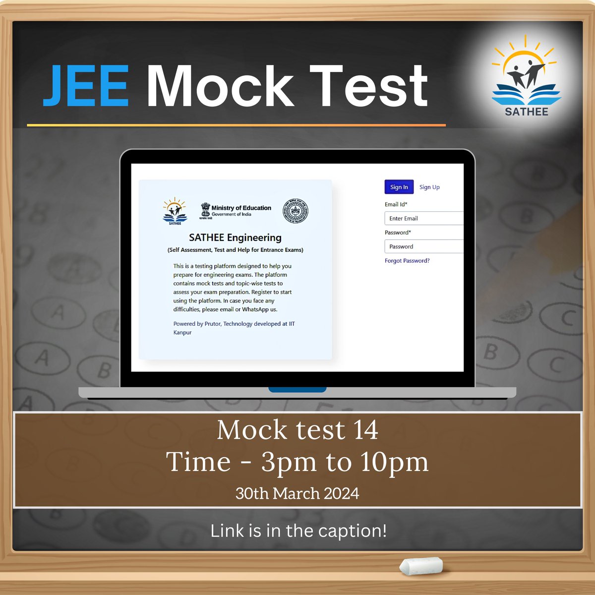 IitkResearch's tweet image. Mock test session 14 for JEE exam (30th march 2024)
Timings - 3pm to 10pm today!
Link for the mock test - jeetest.prutor.ai
#JEE2024 #mocktest #onlinemocktest #sathee #examinations #engineeringstudent #sciencemocktest