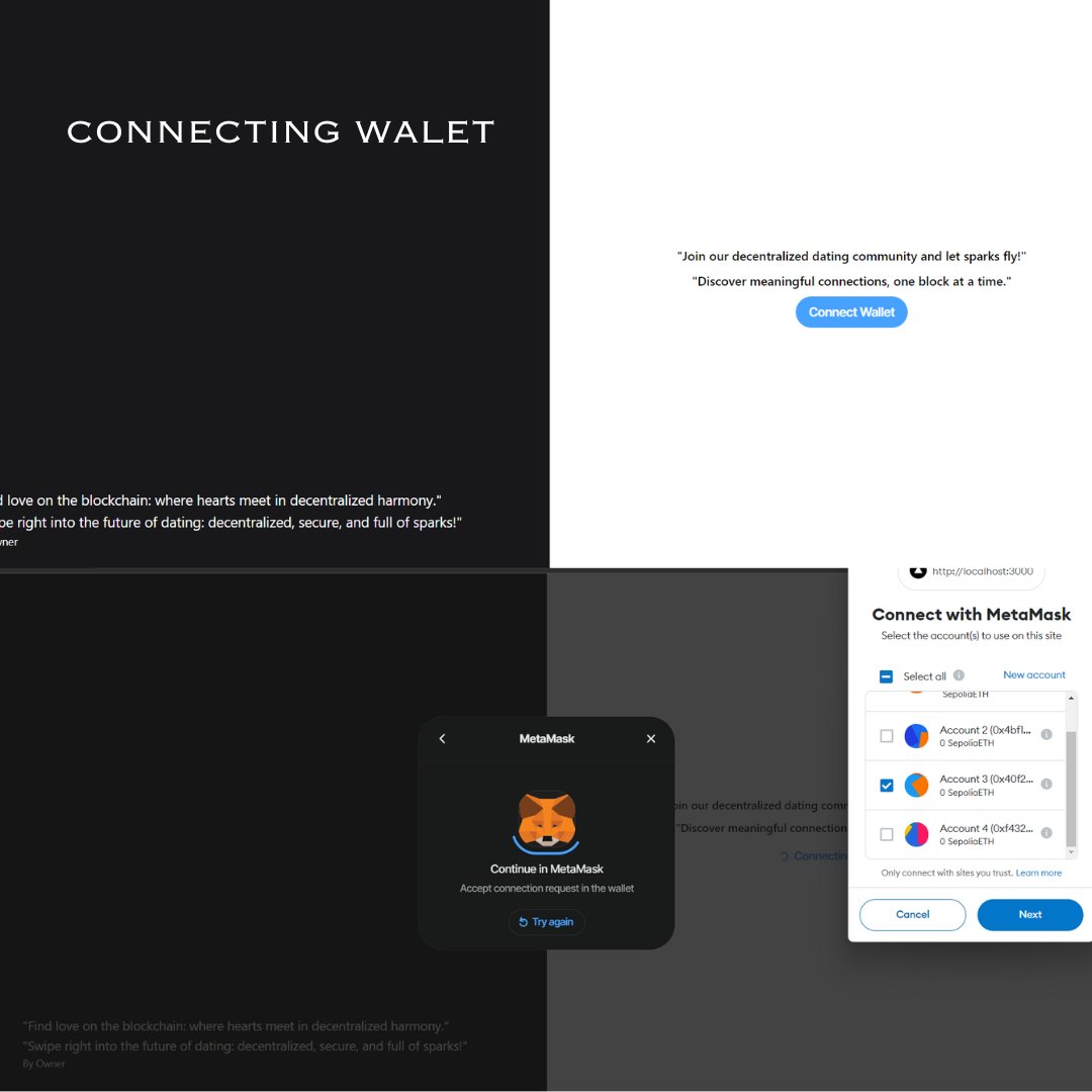 ReactLakshya's tweet image. 🔥 Sneak peek into my latest project: a cutting-edge dating DApp! 🚀 Connect your wallet, swipe right/left, and dive into the world of decentralized matchmaking.

If sparks fly both ways, a unique NFT of your connection is born! #NextJS #Solidity #DAppDevelopment