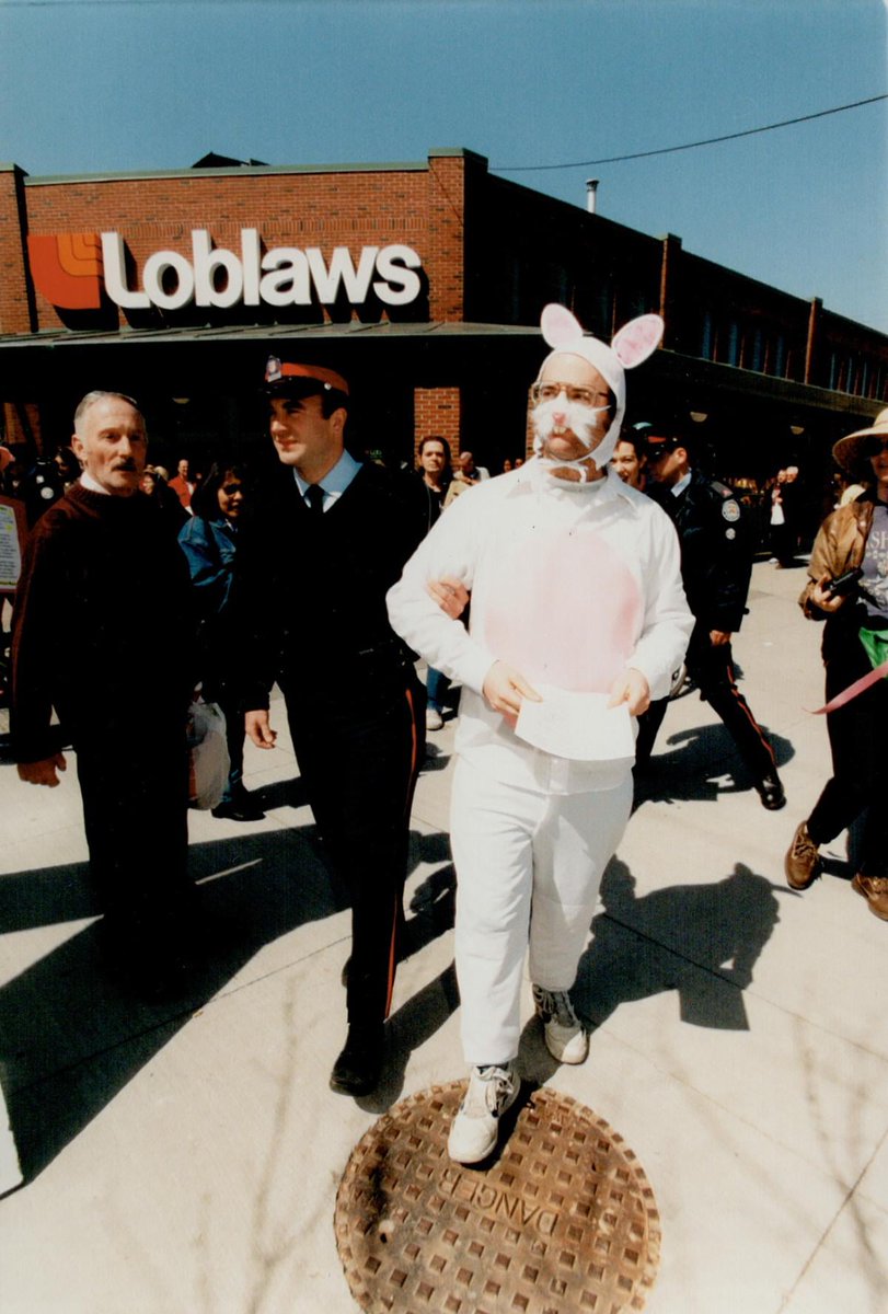 Loblaws' greed is not new. 26 years ago this Easter Saturday, Loblaws arrested me as an Easter Bunny (with 3 more bunnies) for handing out anti-greed chocolate eggs & leaflets on how Loblaws could work to end the root causes of inequality. It was part of a lengthy campaign to