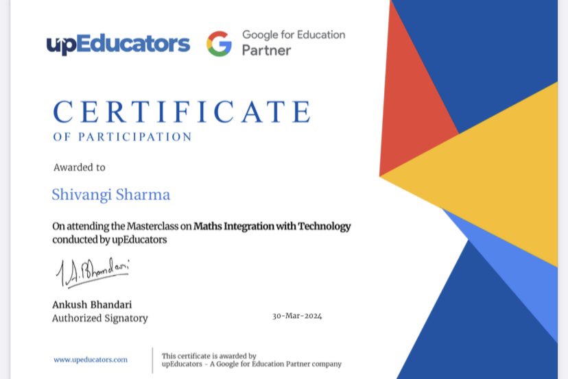 Thrilled to share my recent certification from a masterclass focusing on integrating technology with mathematics by @upEducators 
#TechInnovation @ibpyp