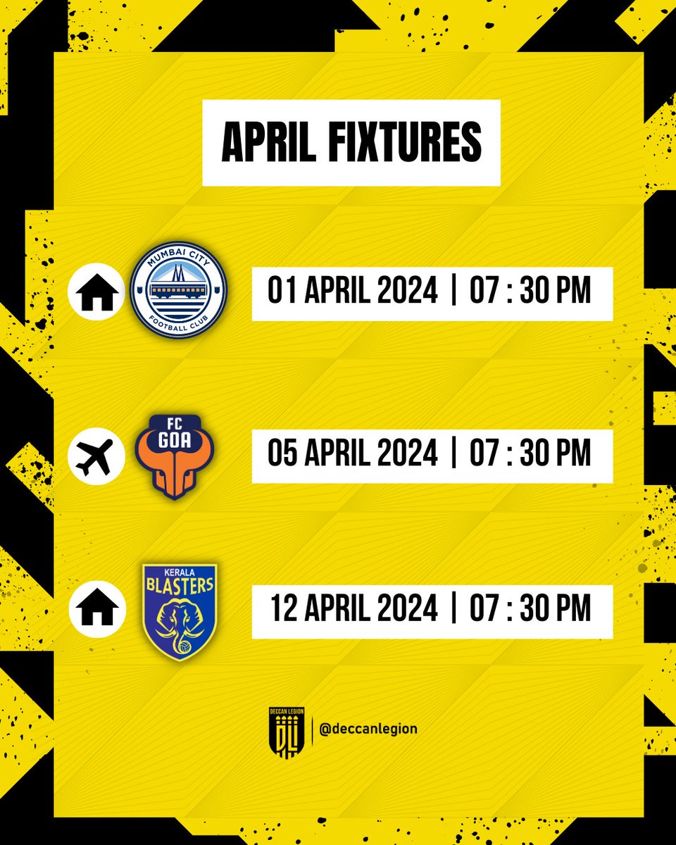 🗓️ Our run in to the season end! Three fiesty fixtures in the month of April. #HyderabadFC #WeAreHFC 💛🖤