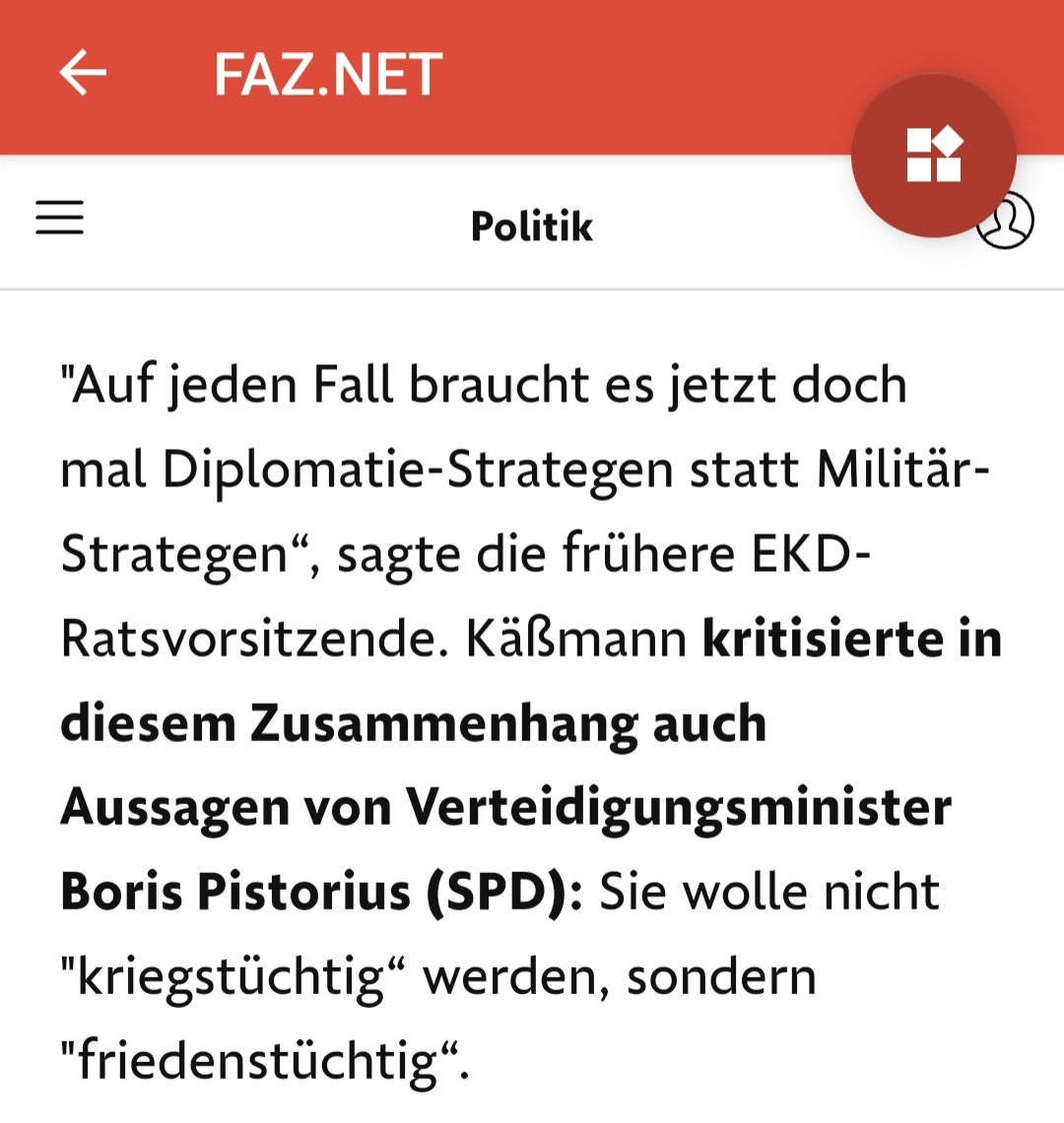 Die frühere EKD-Vorsitzende Margot #Käßmann kritisiert die Aussagen von Boris #Pistorius:
'Sie wolle nicht kriegstüchtig werden, sondern friedenstüchtig' 
Da spricht sie mir absolut aus der Seele! 👏
#UkraineWar #Ukraine 
m.faz.net/aktuell/politi…