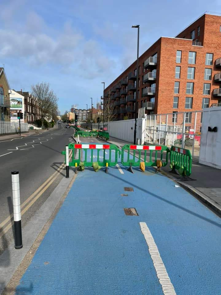 Cycleway 4 on Evelyn Street is currently closed by Timberyard Development (Oxestalls rd). We're trying to contact with Highways and the Developers contractors to reposition barriers & understand timescale of the closure. For now, better to use Cycleway 10 from Gosterwood Street.