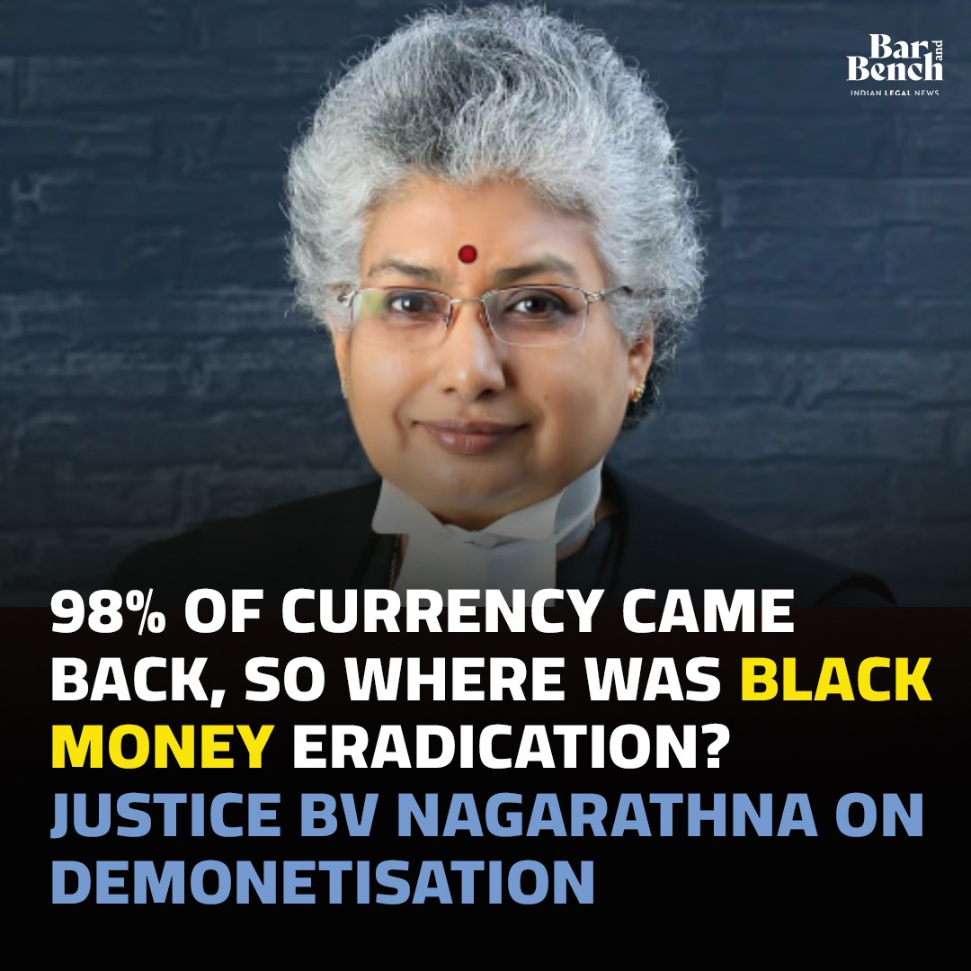98% of currency came back, so where was black money eradication? Justice BV Nagarathna on Demonetisation Read more here: tinyurl.com/5yx7s89e