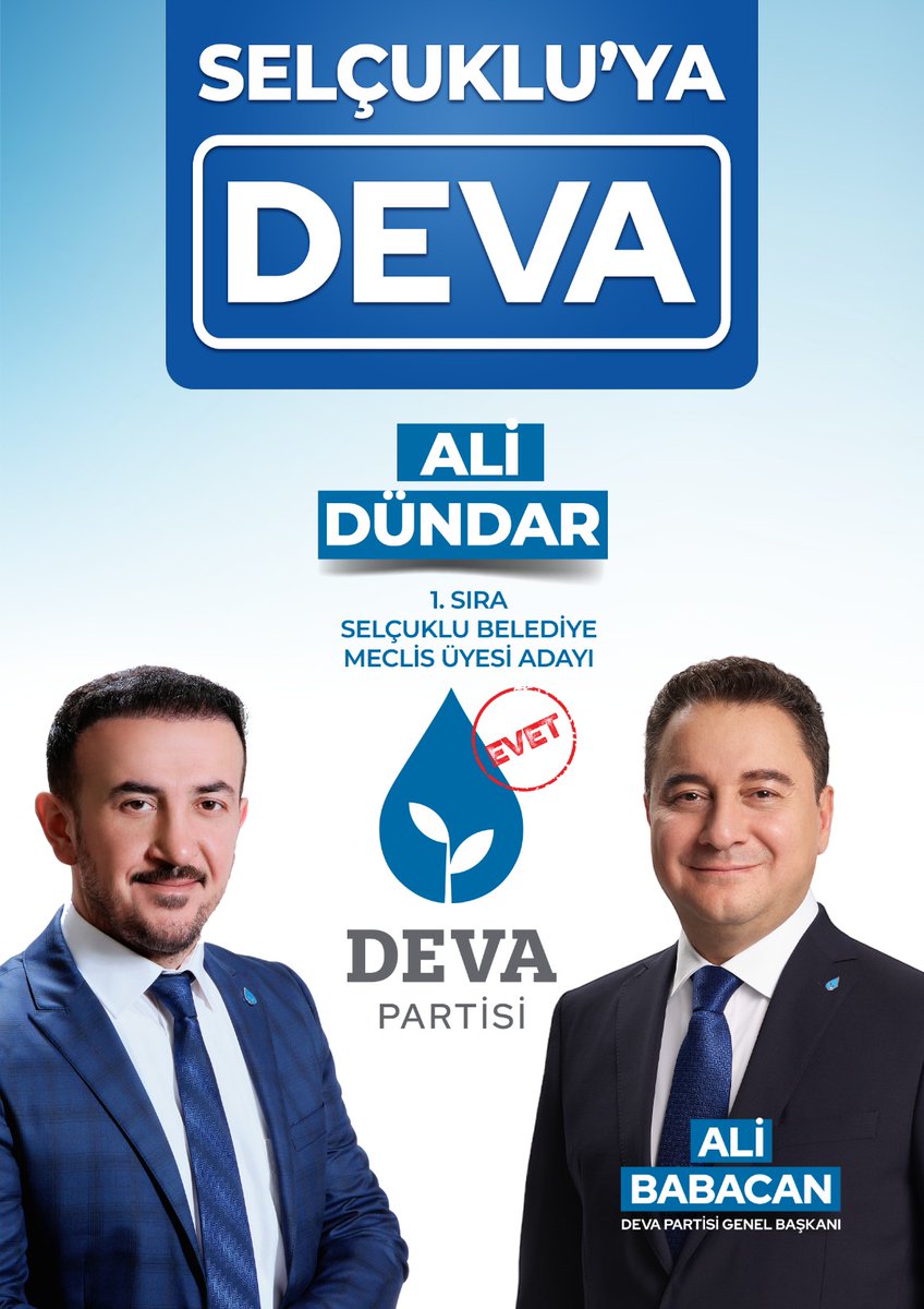 Önce Liyakat deriz,
Hak deriz, Hukuk deriz
Eşitliktir İlkemiz 
Ol Deva Ol....
Konya'nın Deva'sı Hazır!!!
Desteklerinizi bekliyoruz...
<a href="/devapartisi/">DEVA Partisi</a> <a href="/alibabacan/">Ali Babacan</a> <a href="/sadullahkisacik/">Sadullah Kısacık</a>
<a href="/KaracaSeyit/">Dr.Seyit Karaca</a> <a href="/hasan_bestil/">HASAN BESTİL</a> 
#AlemBuysaDevaSensin