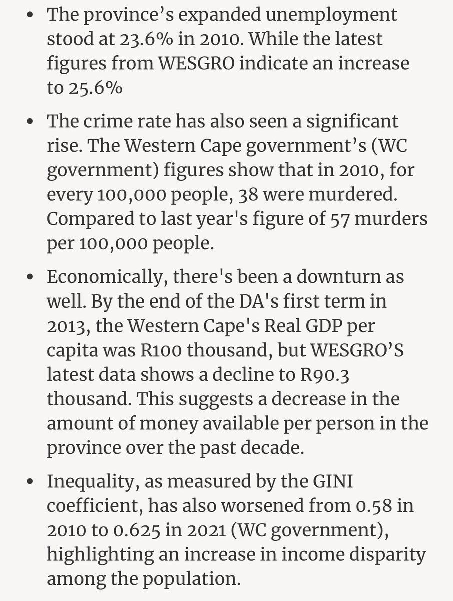Selective reporting. Unemployment has gone up over the last 15 years of DA rule in there Western Cape. Wesgro stats shows it was 23.6% in 2010 (a year after the DA took power) and in the latest figure 2023Q3 it stood at 25.6% 

The reality is that DA in CT can’t stop the decline