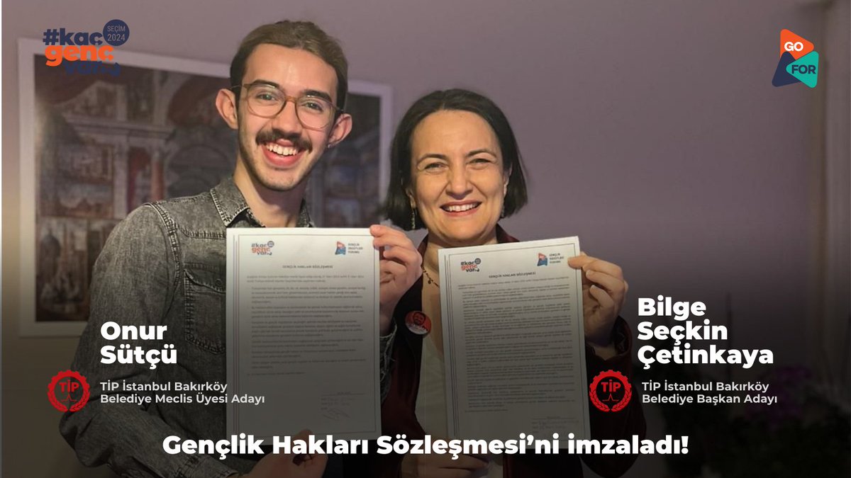 ✍️ TİP İstanbul Bakırköy Belediye Başkan Adayı Bilge Seçkin Çetinkaya (@bilgeantigone) ve Bakırköy Belediye Meclis Üyesi Adayı Onur Sütçü (@isonurst) Gençlik Hakları Sözleşmesi’ni imzaladı. #KaçGençVar? 🗳️