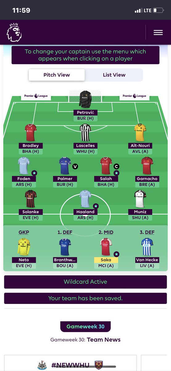 _fplsam's tweet image. Wildcard #FPL #GW30

Salah (c)

Palmer (VC)