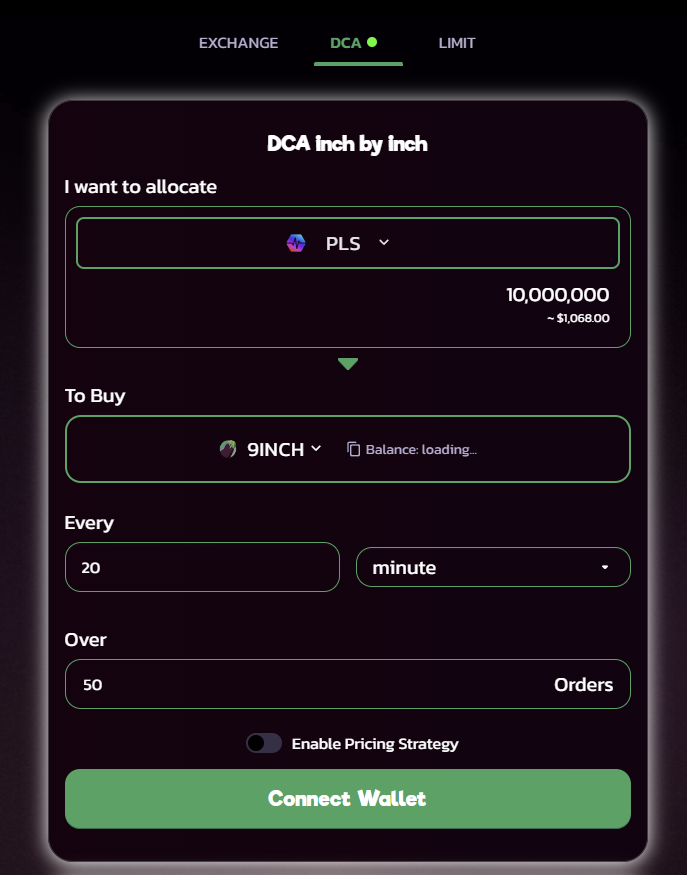 🚨New Feature on Pulsechain! You can now DCA any coin on @9inch_io Trade in and out of low LP tokens with minimal price impact. Set your desired orders and forget staring at the chart