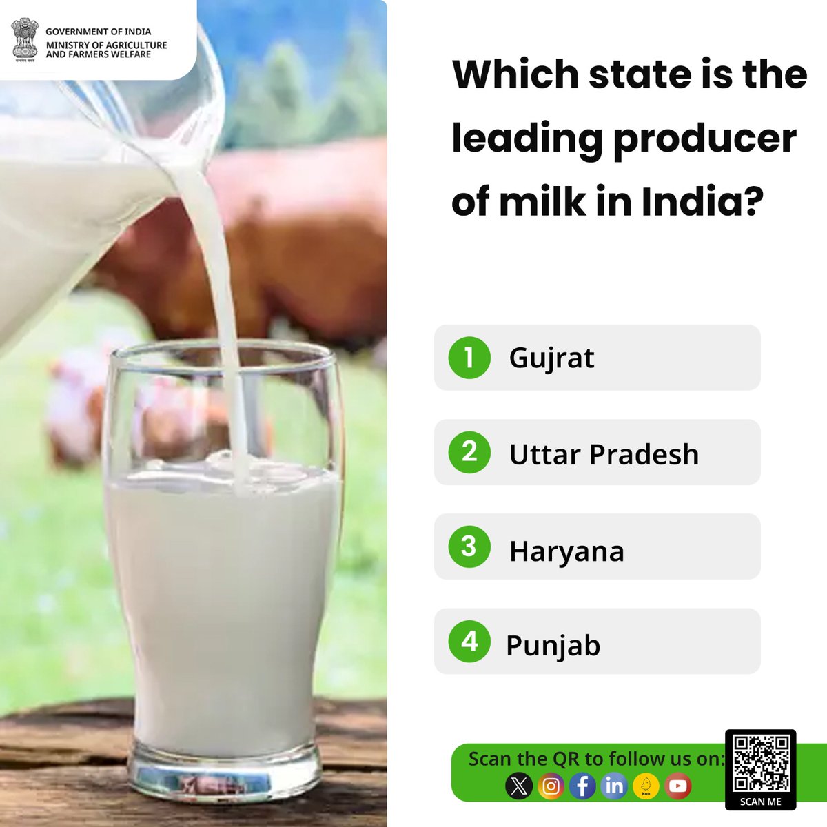 Take part in the agriculture quiz and test your knowledge!
.
Which state is the leading producer of milk in India?

 Please share your answer in the comments.

#agrigoi #agriculturetrends #milk  #agriquiz #QuizOfTheDay