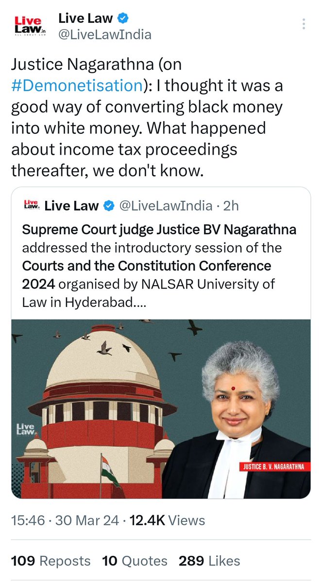 zoo_bear's tweet photo. Justice BV Nagarathna on Demonetisation : 
"I am happy that I got to be part of that bench. We all know what happened on November 8, 2016. 86% of the currency was 500 and 1,000 notes, which I think the Central government lost sight of. Imagine a labourer who had to get his notes exchanged for daily essentials. 98% of the currency came back, so where are we in black money eradication (goal of demonetisation)? So I thought (at the time) it was a good way of making black money white money, of unaccounted cash entering the system. What happened with regard to income tax proceedings thereafter, we do not know. So this common man's predicament really stirred me and I had to dissent."