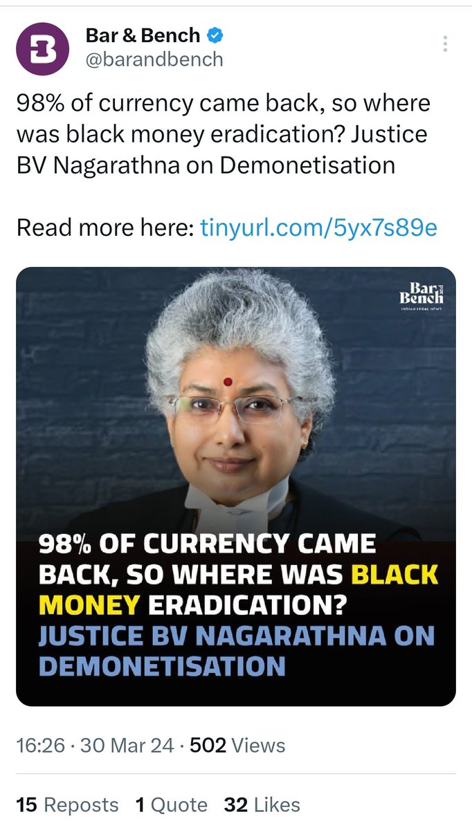zoo_bear's tweet photo. Justice BV Nagarathna on Demonetisation : 
"I am happy that I got to be part of that bench. We all know what happened on November 8, 2016. 86% of the currency was 500 and 1,000 notes, which I think the Central government lost sight of. Imagine a labourer who had to get his notes exchanged for daily essentials. 98% of the currency came back, so where are we in black money eradication (goal of demonetisation)? So I thought (at the time) it was a good way of making black money white money, of unaccounted cash entering the system. What happened with regard to income tax proceedings thereafter, we do not know. So this common man's predicament really stirred me and I had to dissent."