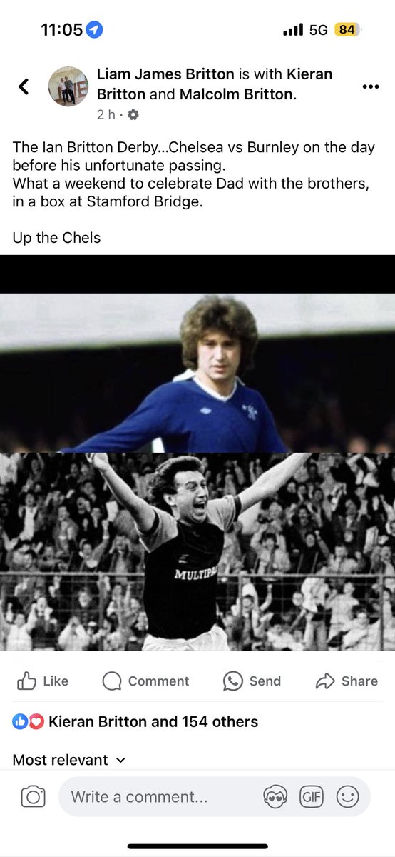 The Ian Britton Derby…Chelsea vs Burnley on the day before his unfortunate passing. What a weekend to celebrate Dad with the brothers, in a box at Stamford Bridge. Up the Chels