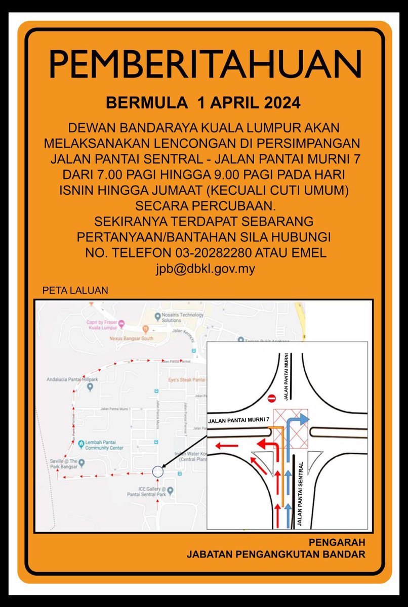 Dimaklumkan bahawa Dewan Bandaraya Kuala Lumpur akan melaksanakan lencongan jalan di persimpangan Jalan Pantai Sentral -  Jalan Pantai Murni 7 dari jam 7.00 pagi sehingga 9.00 pagi pada hari Isnin hingga Jumaat

#dbkl
#JAPENWPKLP
#PPDLembahPantaiSegambut
#LembahPantai