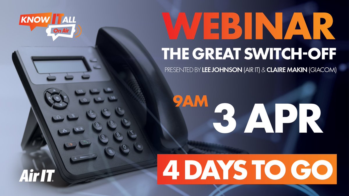 📢 Just 4 days left to secure your spot for our webinar! Navigate the 'Great PSTN Switch-Off' and discover crucial steps your business should take before the complete shutdown of UK landlines. 📆 Wednesday 3rd April, 9am Secure your spot now ➡️ bit.ly/4ctRzqh #PSTN
