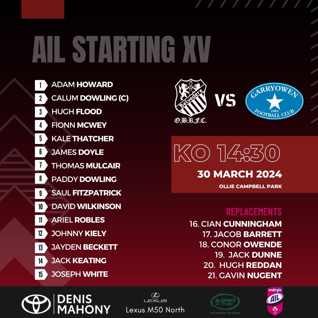 Your team for the crunch game today against @GarryowenFC has been announced! We encourage all club members to get down and support their AIL and J1 sides today If for any reason you can’t make it you can follow along on our live stream or on the @AnyscorFanApp C’mon Belvo!!!