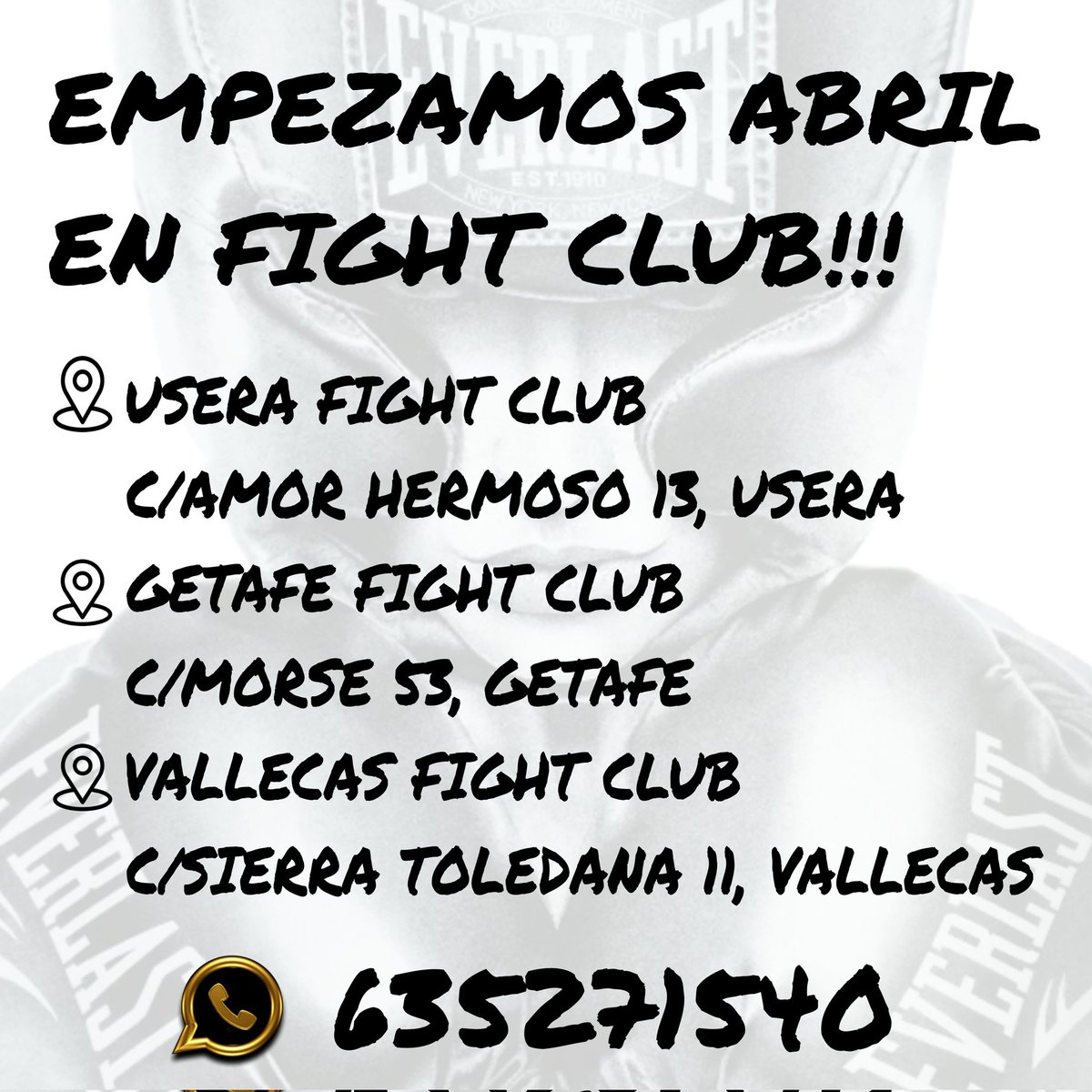 📍USERA:

-BOXEO, KICK/K1, MUAY THAI.

📍GETAFE:

-BOXEO, KICK/K1, MUAY THAI, MMA, BJJ, KUNG-FU.

📍VALLECAS:

-BOXEO, MUAY THAI, MMA, CAPOEIRA.

☎️ 635271540

*ENVIANOS WHATSAPP CON MENSAJE INFO SEGUIDO DE LA ESCUELA LA CUÁL ESTAS PREGUNTANDO (USERA, GETAFE, VALLECAS).