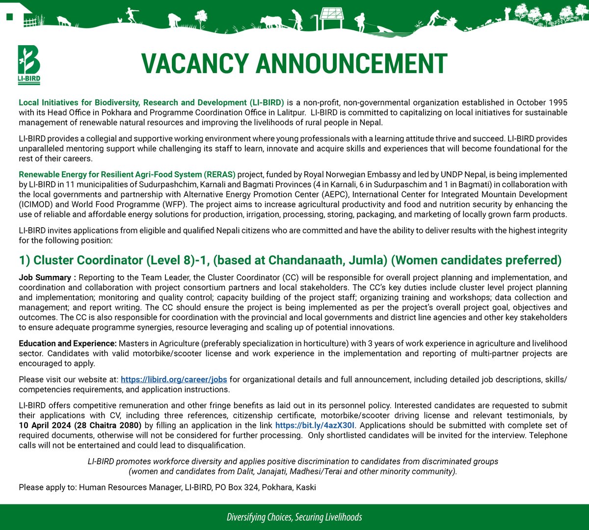 [VACANCY ANNOUNCEMENT] Cluster Coordinator (Level 8)-1, (based at Chandanaath, Jumla) (Women candidates preferred) Apply here: bit.ly/4azX30I