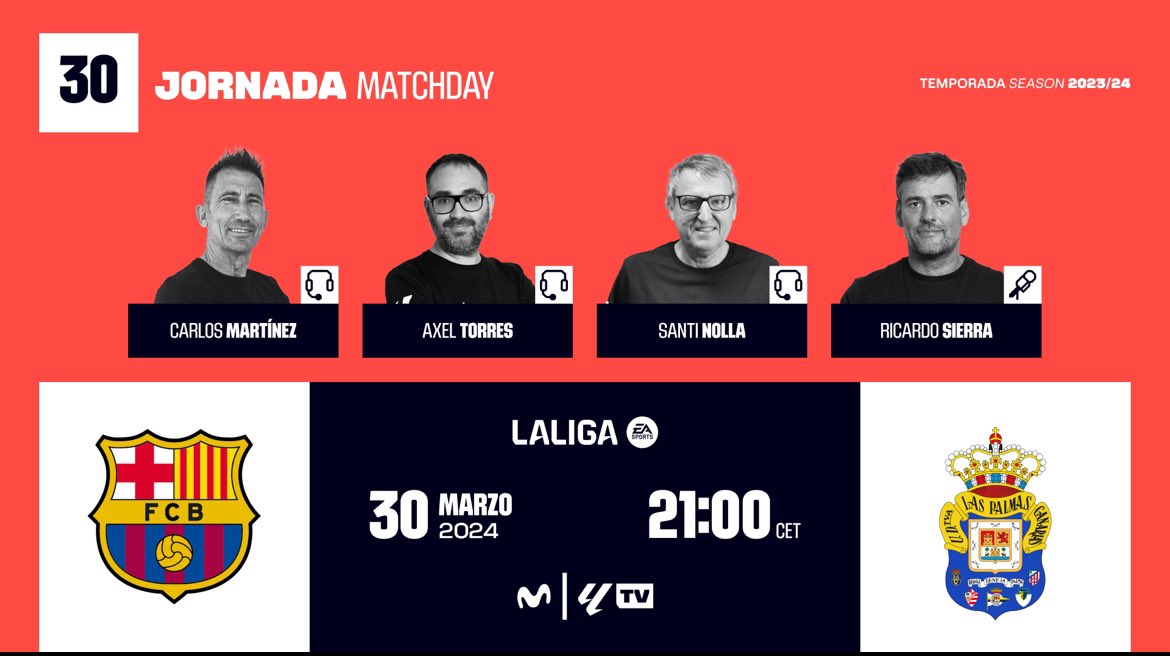 De vuelta al curro. Hoy con @SantiNollaMD, @AxelTorres y @Rsierraplus en un Barça - UDLP de nuestra #LALIGAEASPORTS. La propuesta de juego de ambos tiene el mismo origen. #InsideLaLiga. Partido que promete