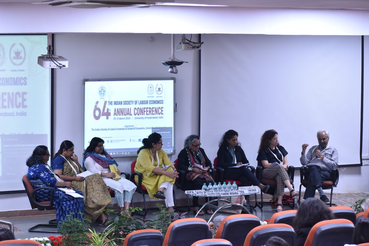 'Caring for Caregivers' panel by @IWWAGEIFMR & @Tweetihd was highlight of Day 1 at @HydUniv during #64ISLEConference. Experts discussed empowering strategies to strengthen care economy, highlighting importance of gender equality & caregiving. @sonamitra @pkotiswaran