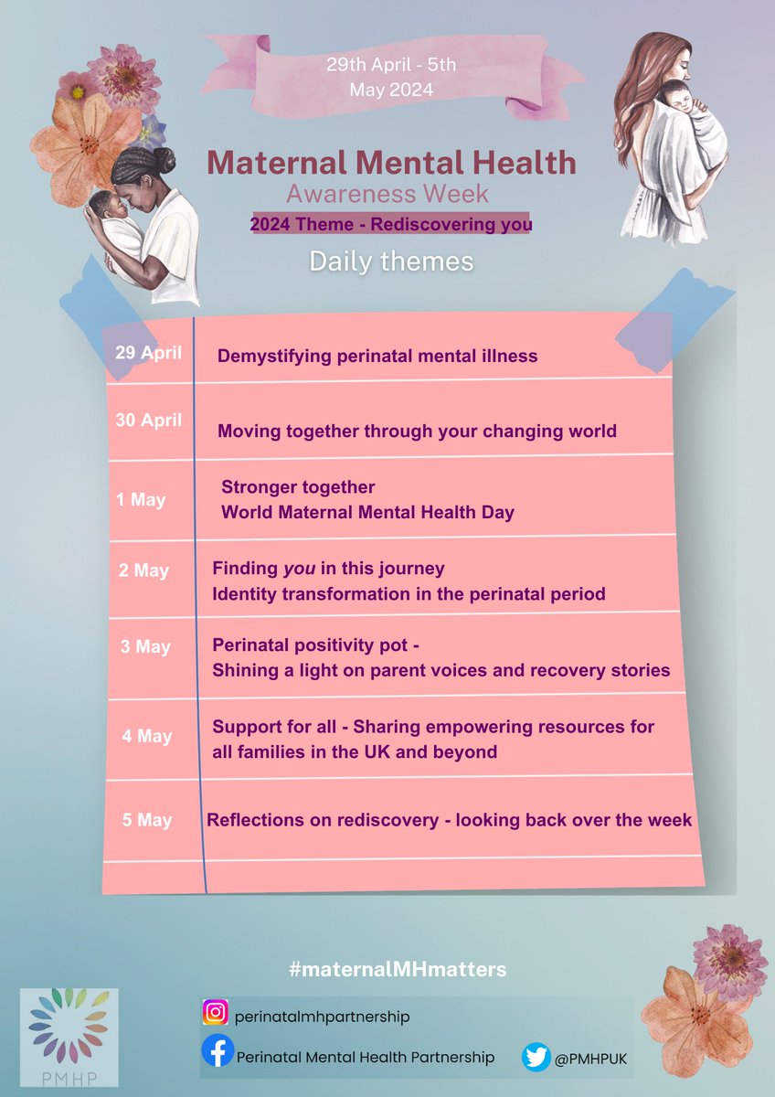 Maternal Mental Health Awareness Week led by us here at @PMHPUK goes live in one month! Taking place between 29th April-5th May & the theme this year is 'Rediscovering You '. #maternalmhmatters #Rediscoveringyou #maternalmentalhealthawarenessweek #mmhaw24 #maternalmentalhealth