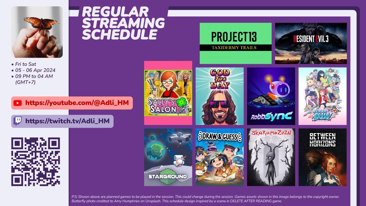 Hello, at twitch.tv/Adli_HM and youtube.com/@Adli_HM, I am planning to stream these games:

Sally's Salon, RoboSync (@GiantWarriorSTU), Draw & Guess (@Draw_Guess), Starground (@BBGamesTeam), God for A Day (@funkyforest1), Resident Evil 3,

*subject to change
- Tweet 1/2