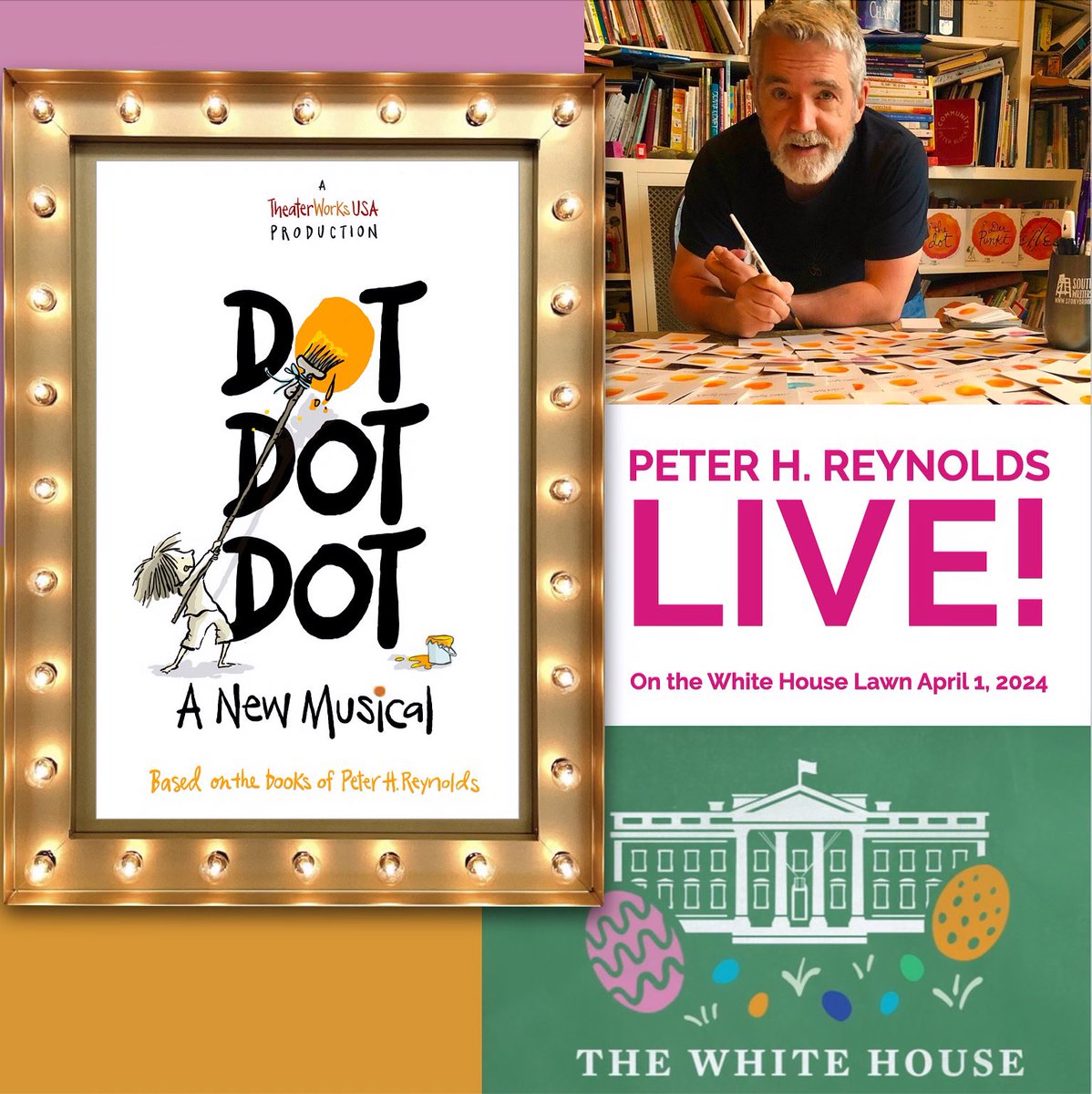 This just in: THE DOT author @PeterReynolds invited to DC on Monday to narrate DOT DOT DOT: A New Musical performance on the WHITE HOUSE LAWN! So excited for @TheaterWorksUSA team for making this happen. #EasterEggRoll #EGGucationRoll #happyeaster #MakeYourMark @ReynoldsTLC