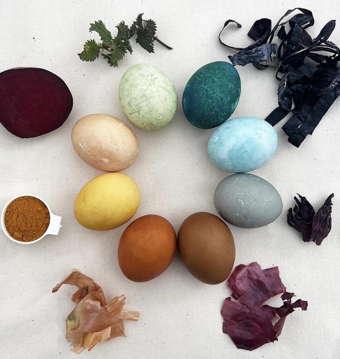 Eggs dyed with edible plantstuffs. Including onion skins, turmeric, red cabbage and nettles. By Swedish natural dyer and knitter Anna Kjellander. annakj.se