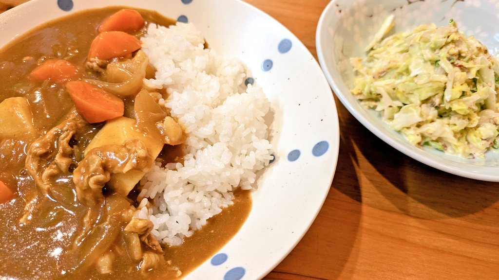 ごっはーん！ カレーと春キャベツのサラダ 息子の学習机見に行ったんだけど 値段結構して即決できなかった😂 入学祝いほしい🥺笑