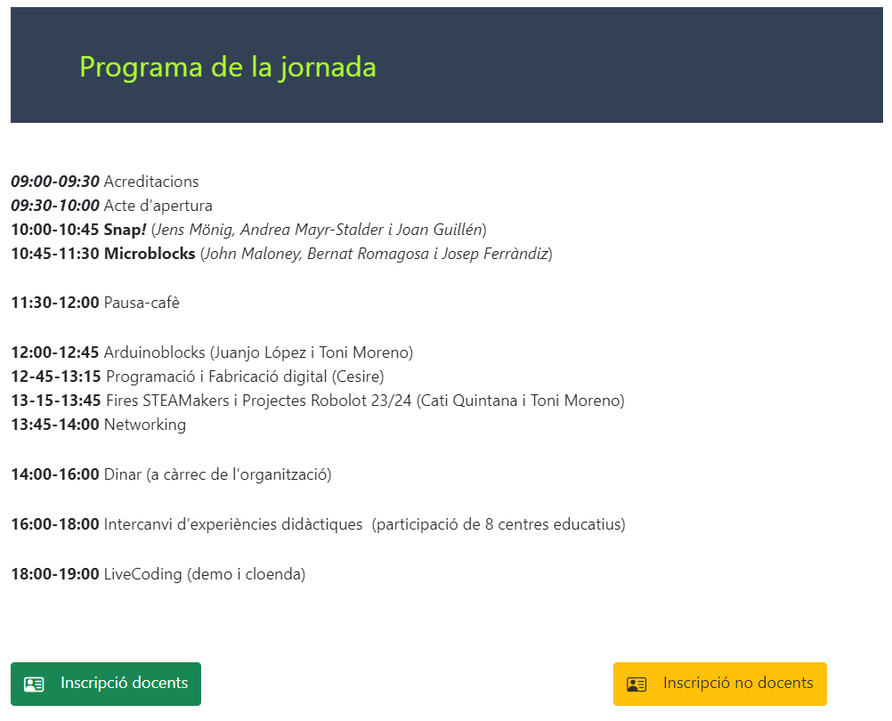 ToniMorenoRey's tweet photo. Ets 🎓docent i t'interessa escoltar a referents mundials en 🤖Programació i Robòtica Didàctica?
INSCRIU-TE a la #JIPRE24 Jornada de'Innovació en Programació i Robòtica Educatives.
No és a #SiliconValley .
És a #LaGarrotxaValley
11 MAIG -> #RobolotCon24
👇
https://t.co/pvIThIdk6x https://t.co/VGpGESS7CL