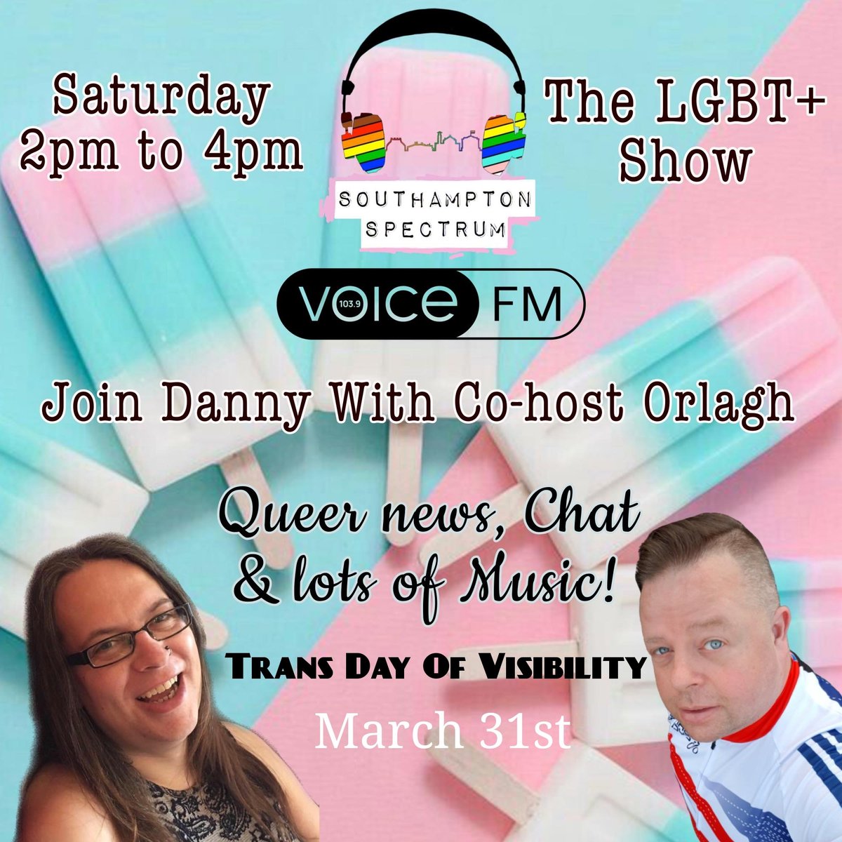 SotonSpectrum's tweet photo. southampton.spectrum Join @lennie_auckland and @r2.danny2 to celebrate Trans Day of Visibility tomorrow. Tune in for 2 hours of chat, news, and music starting at 2pm #SouthamptonSpectrum #transdayofvisibility  #LgbtRadio #LGBT #LGBTOSouthampton #LGBTQ #GayRadio #TransRightsMatter https://t.co/iY4u0W6T3M