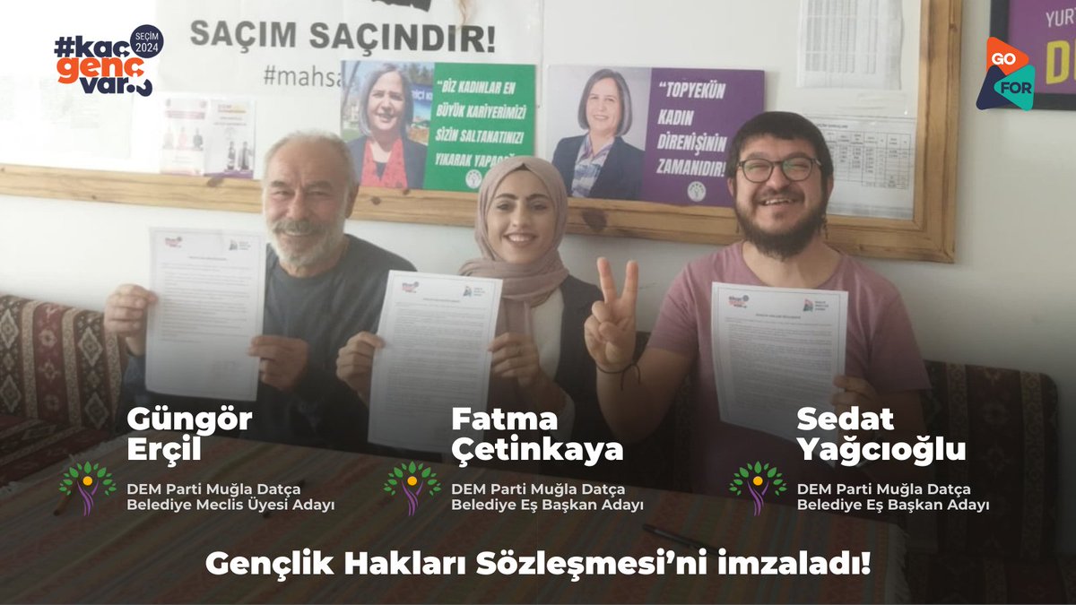 ✍️ DEM Parti Muğla Datça Belediye Eş Başkan Adayı Fatma Çetinkaya (@dempartimugla), Belediye Eş Başkan Adayı Sedat Yağcıoğlu (@sedatyagciogluu) ve Belediye Meclis Üyesi Adayı Güngör Erçil (@DEM_GungorErcil) Gençlik Hakları Sözleşmesi’ni imzaladı. #KaçGençVar? 🗳