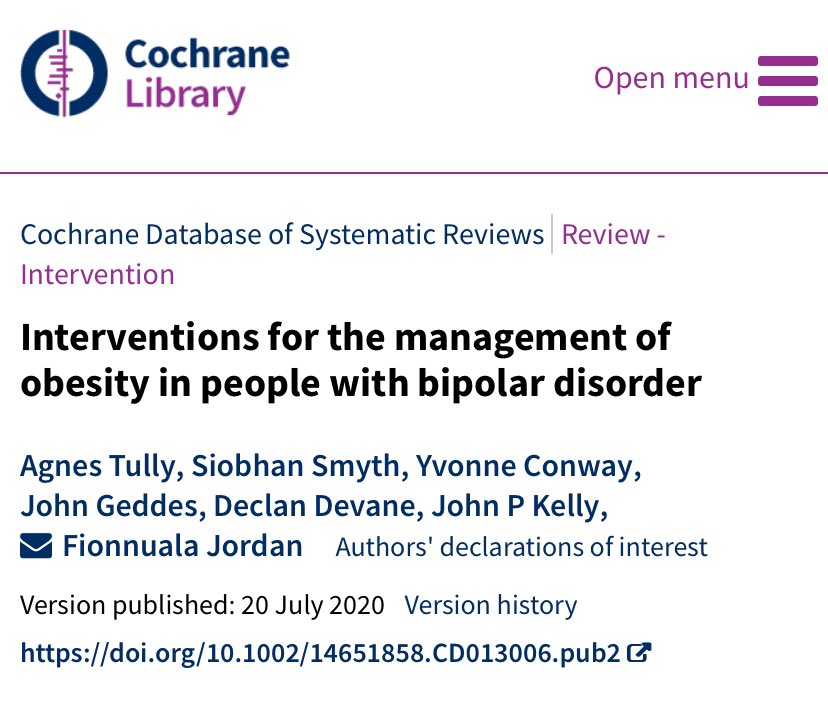 #WBD2024 

‼️Urgent need for randomised controlled trials to assess for the treatment of obesity in bipolar disorder populations. 

Trials should include only people with a clinical diagnosis of bipolar disorder and comorbid obesity‼️

cochranelibrary.com/cdsr/doi/10.10…