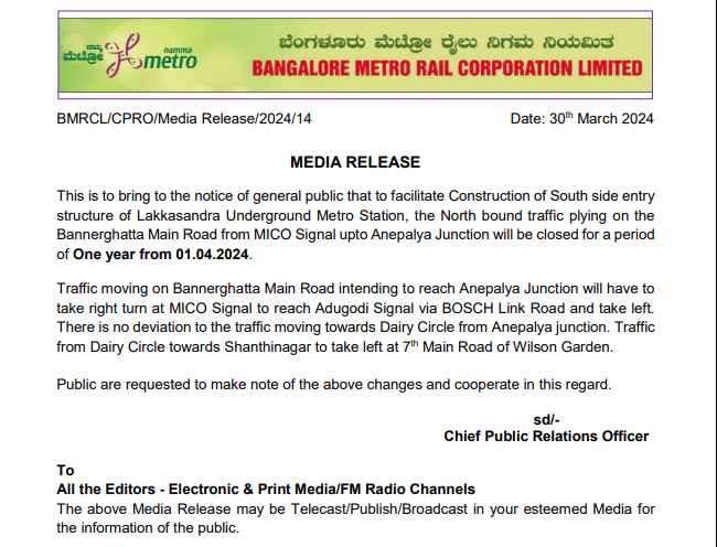 Vehicles will not be allowed on Bannerghatta Road — MICO Signal to Anepalya Jn — for a year, starting April 1. This is to facilitate the construction of the south-side entry of the Lakkasandra UG metro station on the #PinkLine. @WF_Watcher @NammaBengaluroo