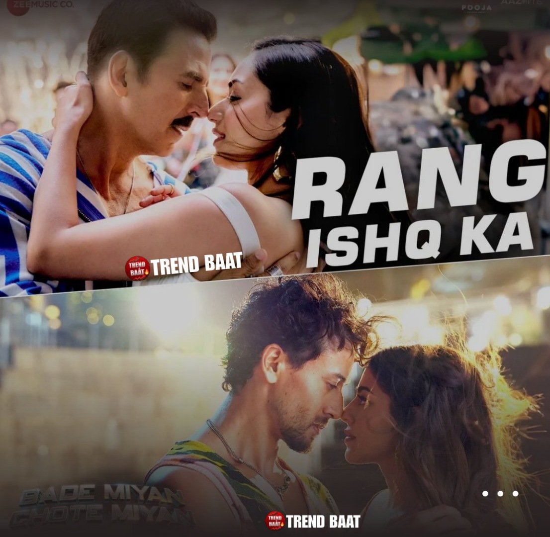 Exclusively, Here is the poster of #RangIshqKa ❤️‍🔥 featuring all of them ! 

This song is the heart of the album! 

#BadeMiyanChoteMiyan #TigerShroff 
#AkshayKumar #ManushiChhillar #AlayaF