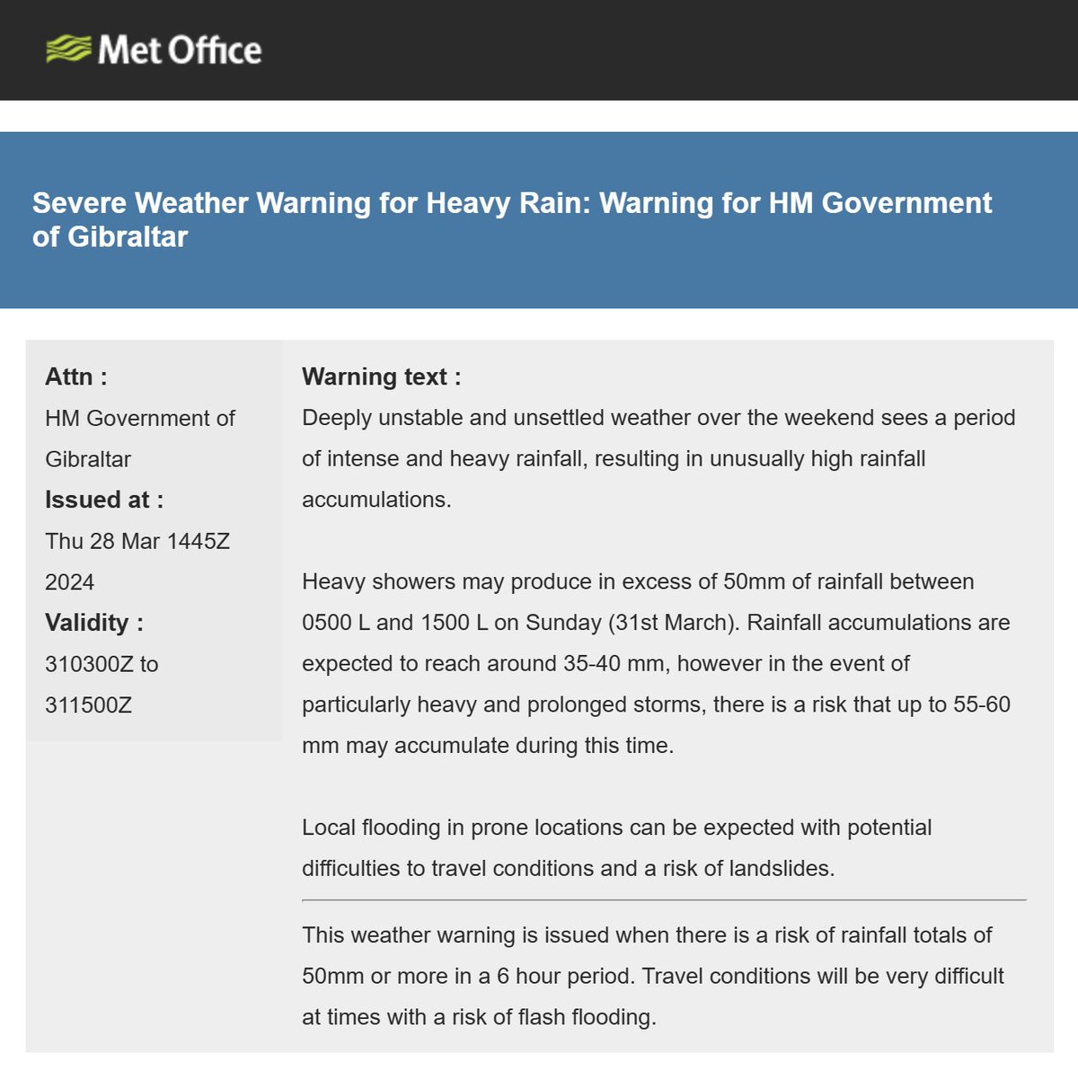 A Severe Weather Warning is in place for heavy rain, valid from 5am to 3pm on Sunday 31st March